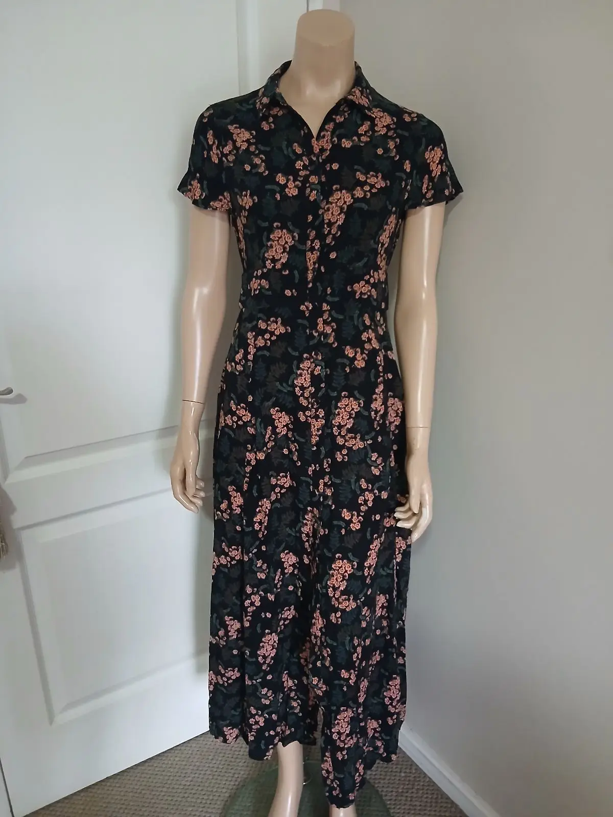 Zara Black Floral Print Button-Down Midi Dress S