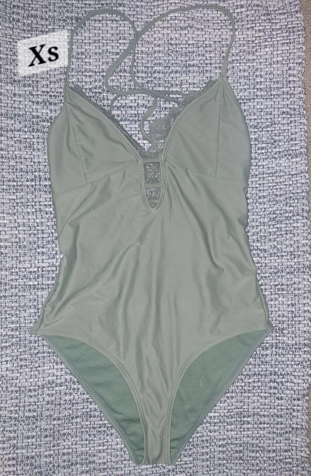 Sage Green One-Piece Swimsuit with Lace Detail XS
