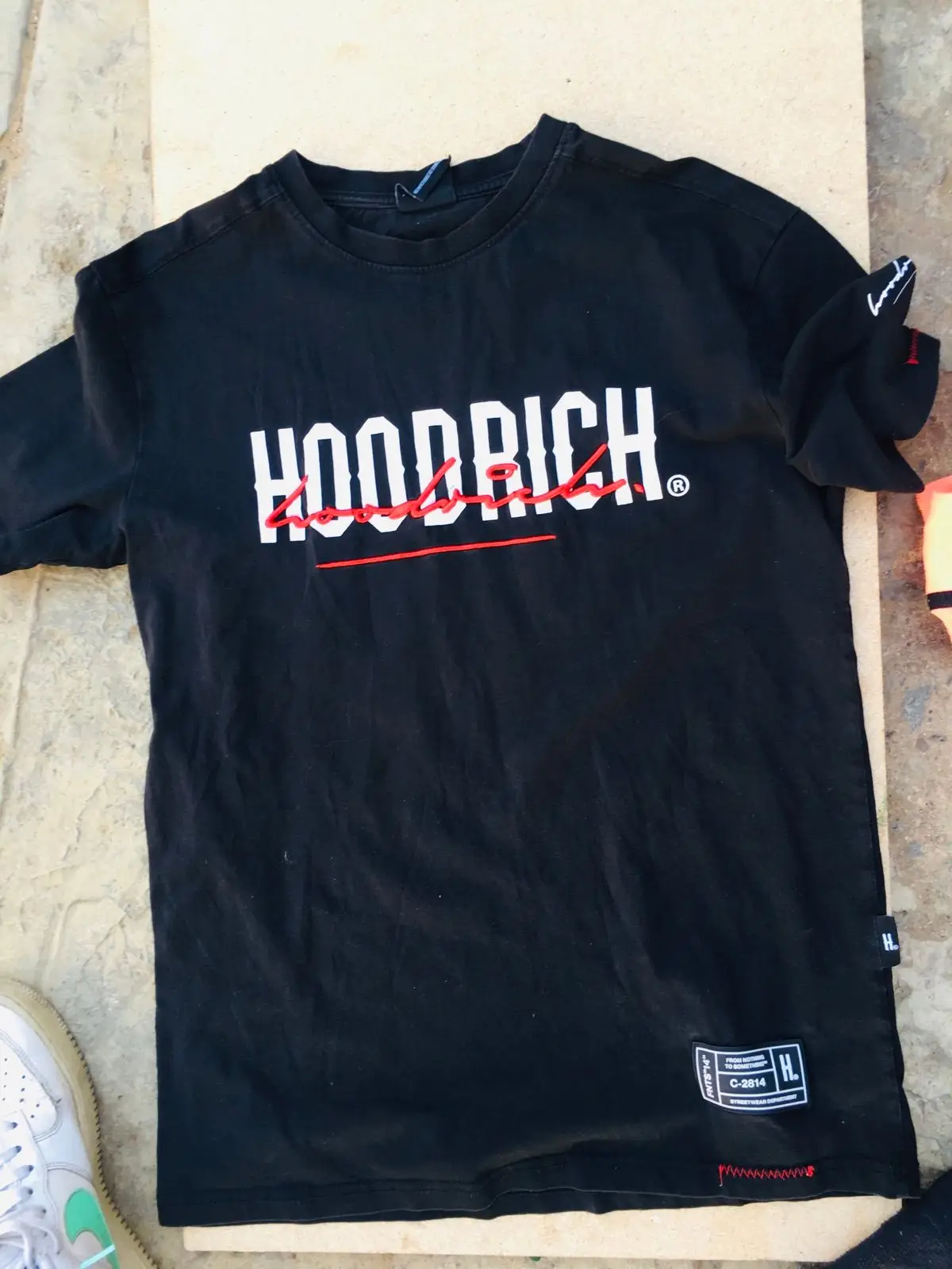 Stone Island Hoodrich Black T-Shirt with White and Red Graphic Print