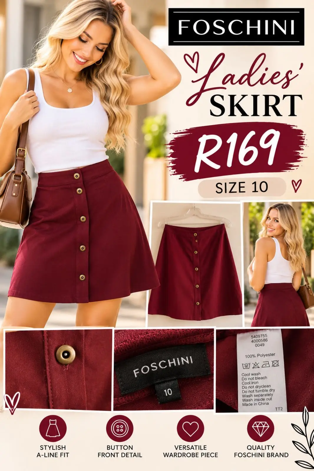 Foschini Burgundy A-Line Skirt Size 10