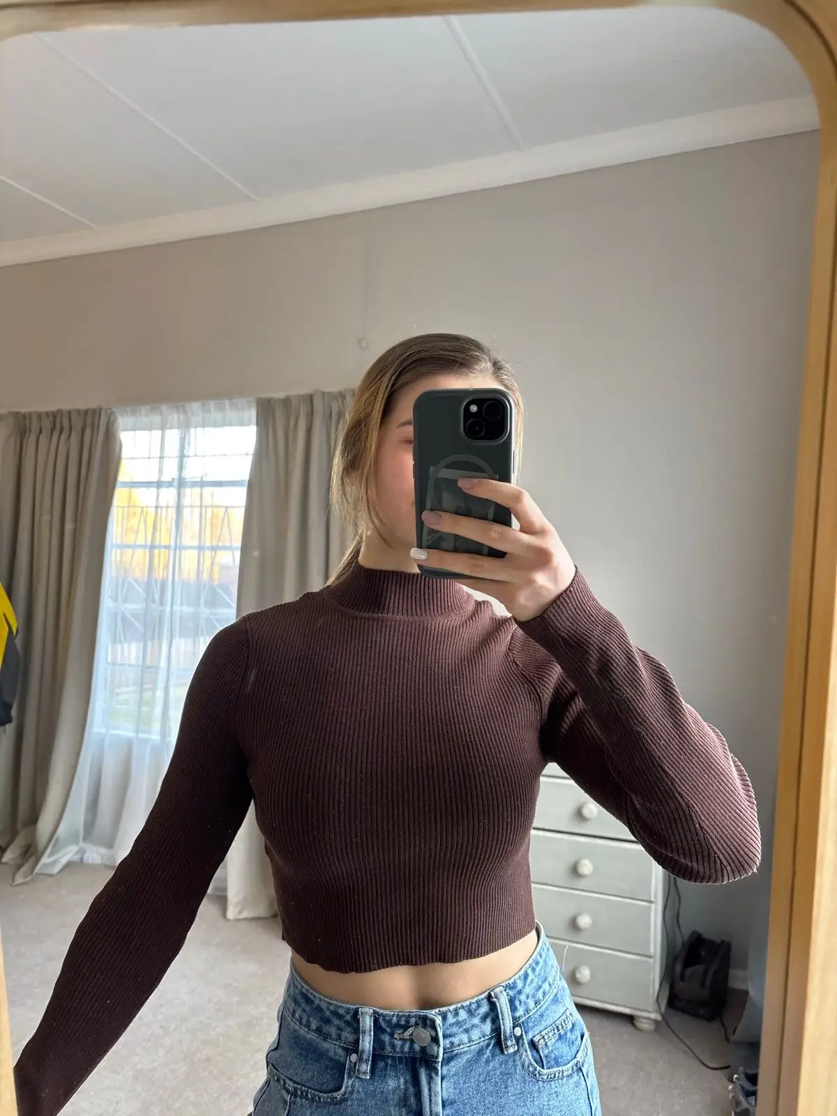 H&M Brown Ribbed Mock Neck Top