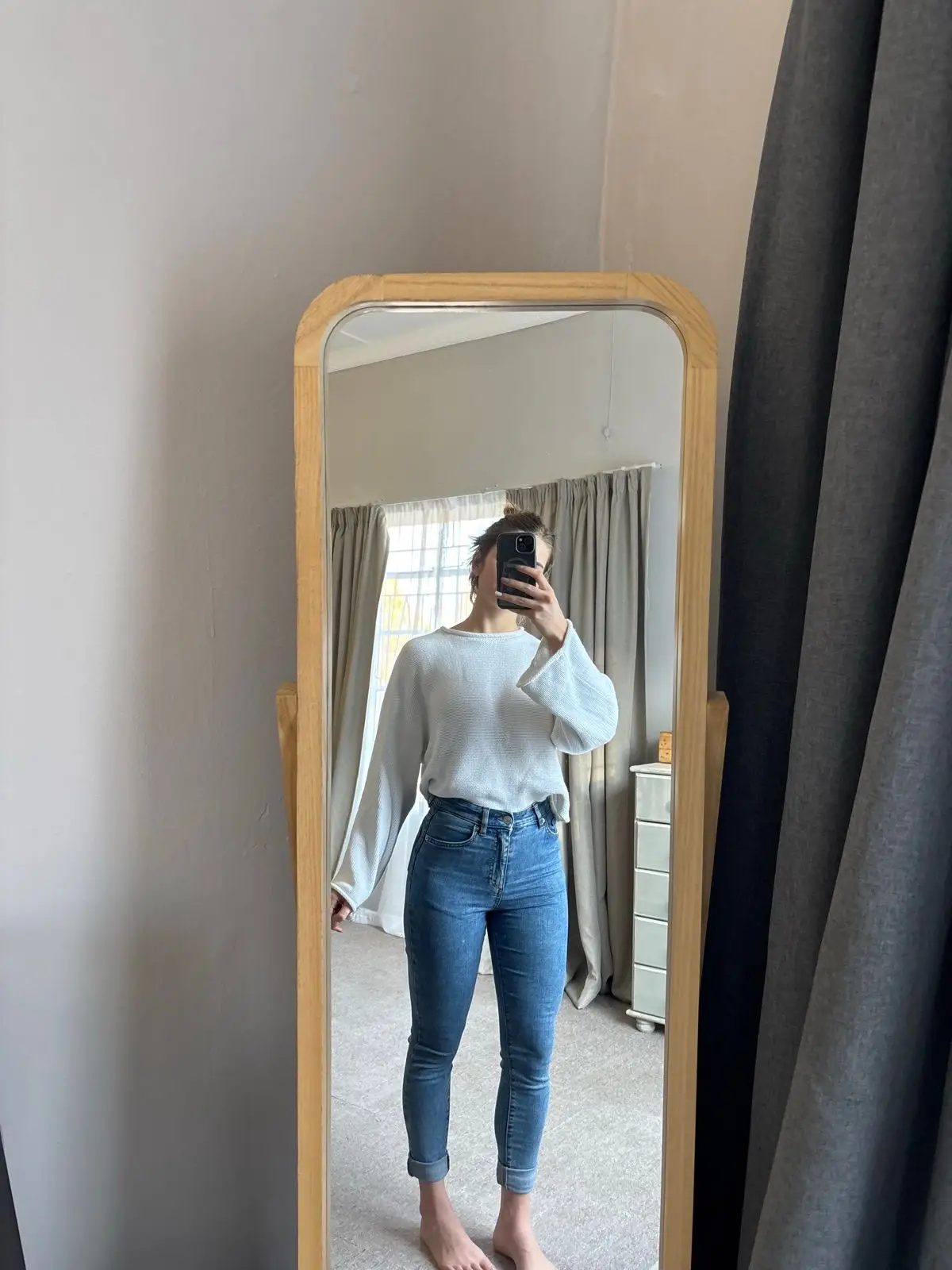 Cotton On White Long-Sleeve Top And Blue Denim Jeans Outfit