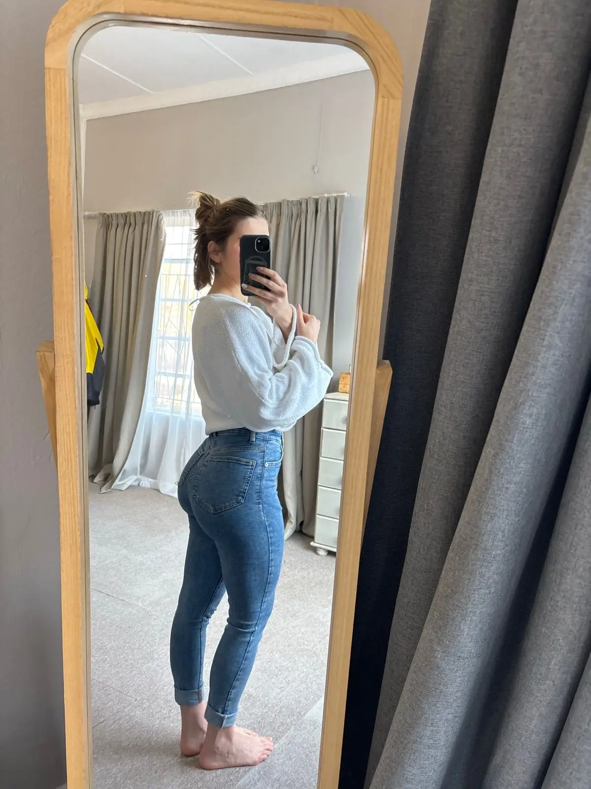 Cotton On White Long-Sleeve Top And Blue Denim Jeans Outfit