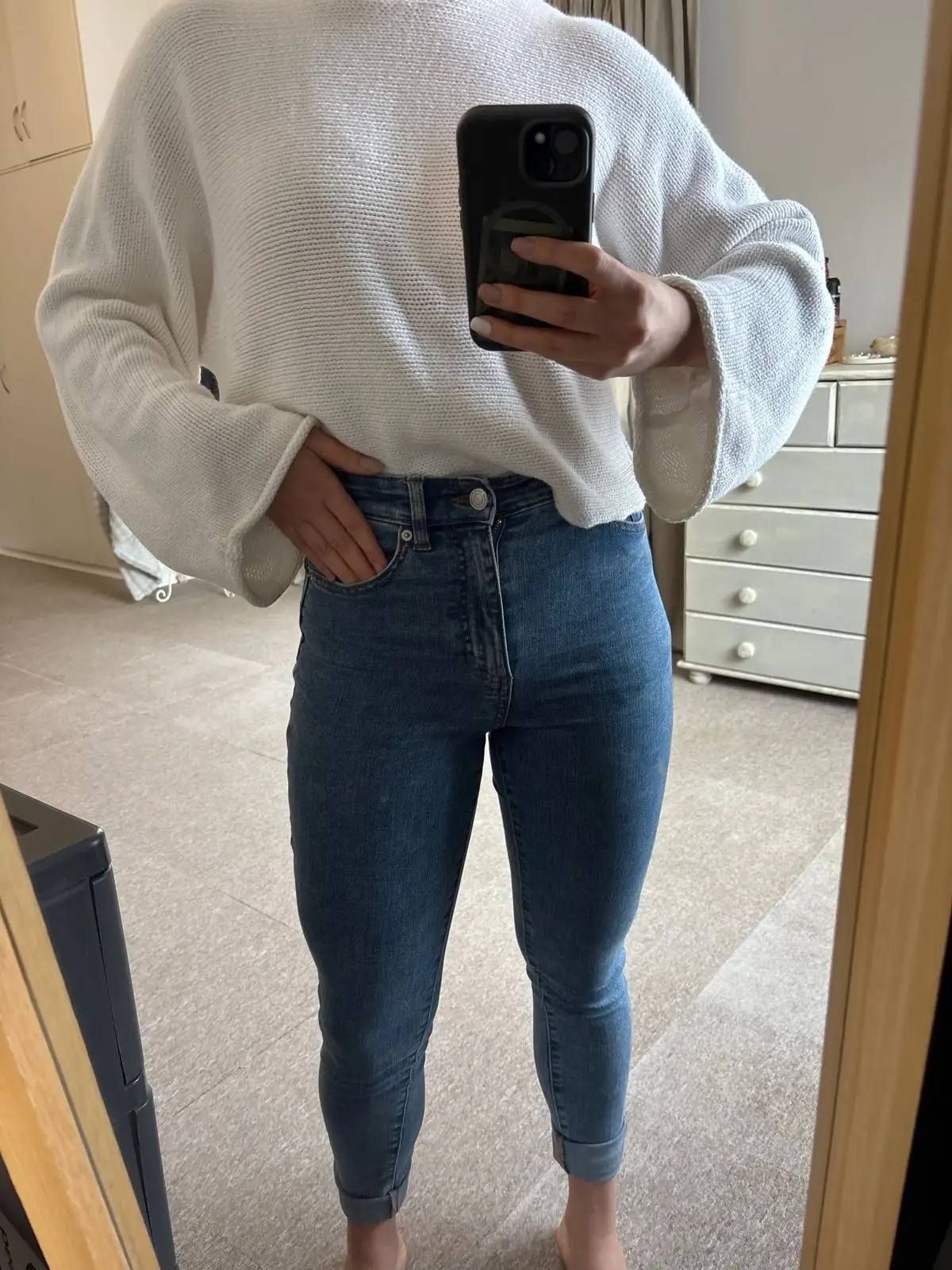 Cotton On White Long-Sleeve Top And Blue Denim Jeans Outfit