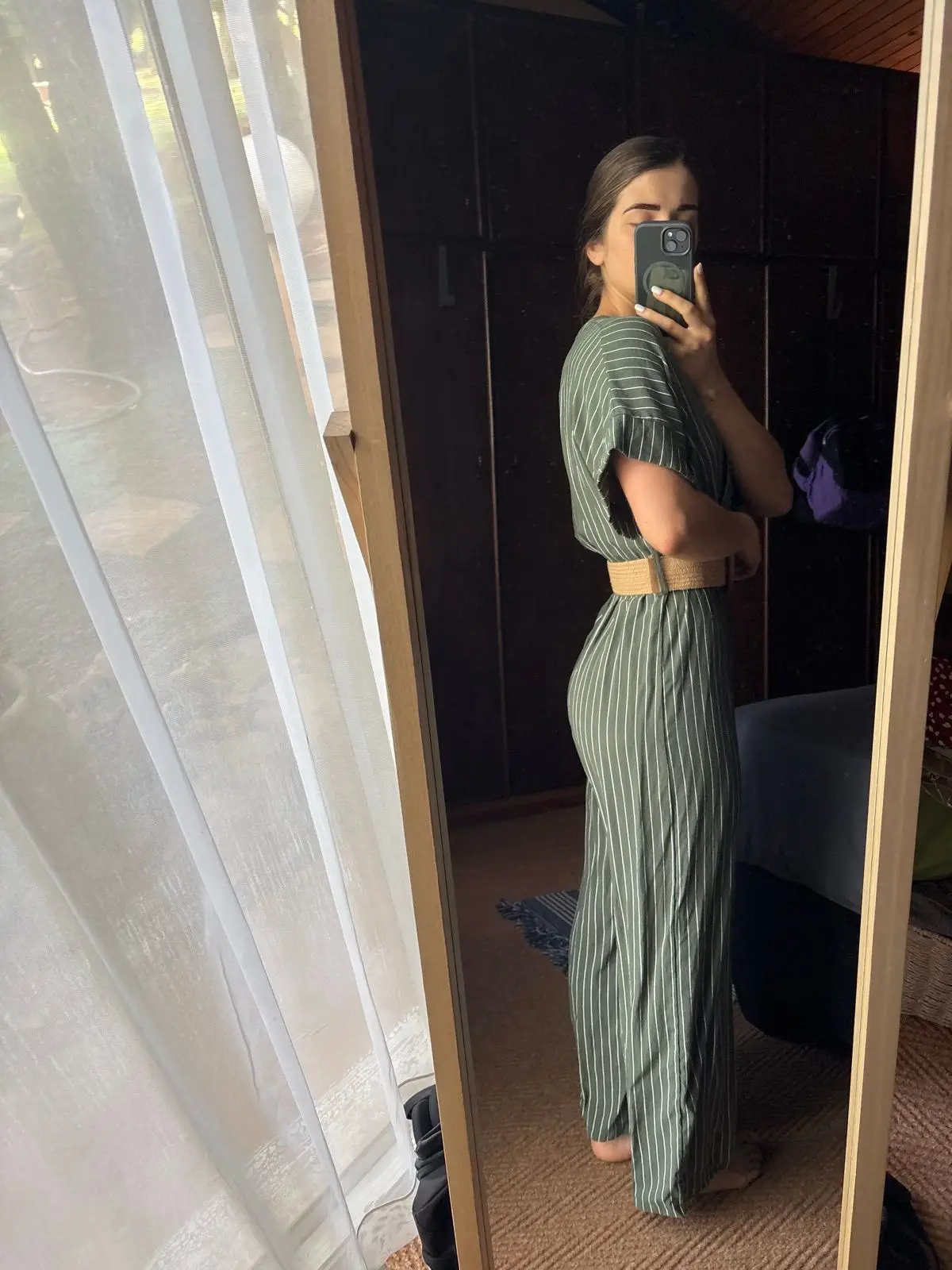 Green Striped Jumpsuit with Belt