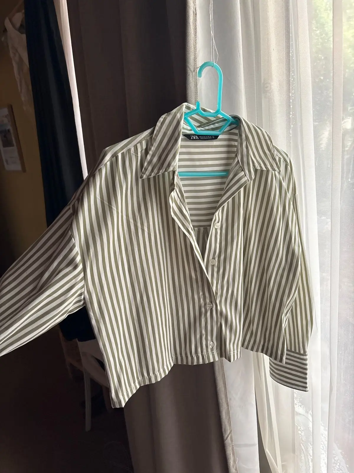 Zara Striped Long Sleeve Button-Up Shirt Olive and White XS