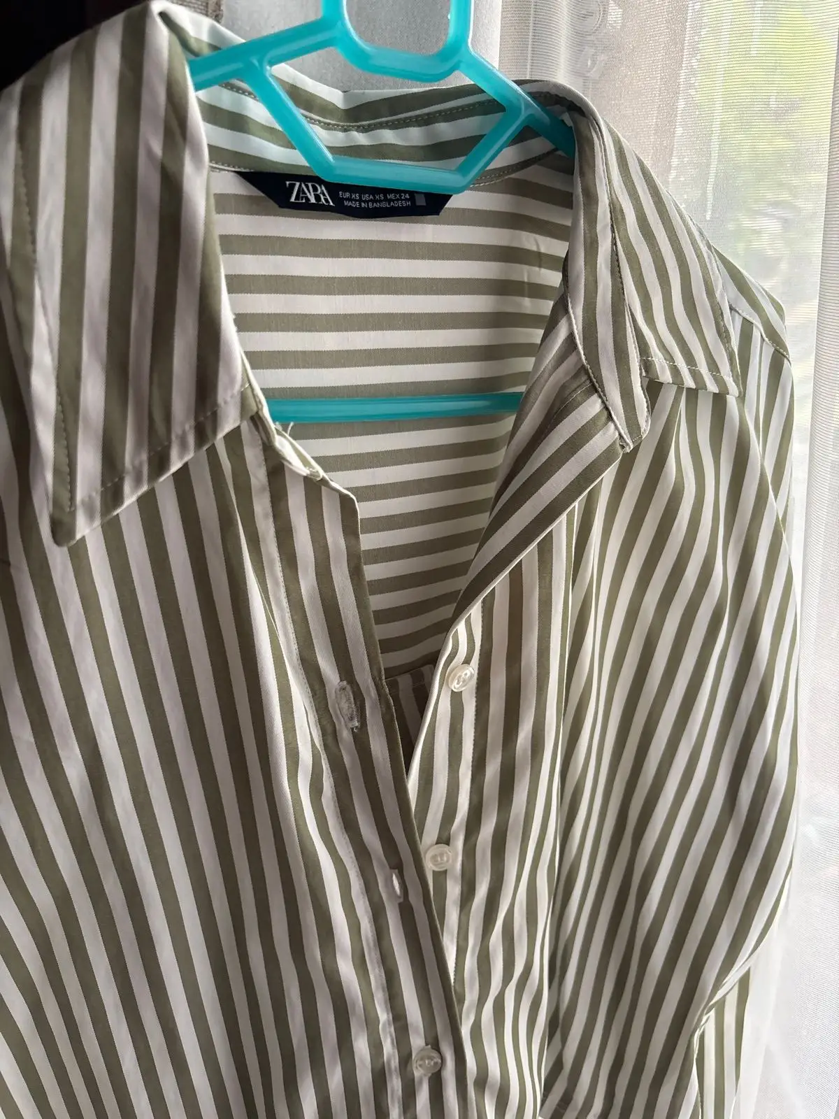 Zara Striped Long Sleeve Button-Up Shirt Olive and White XS