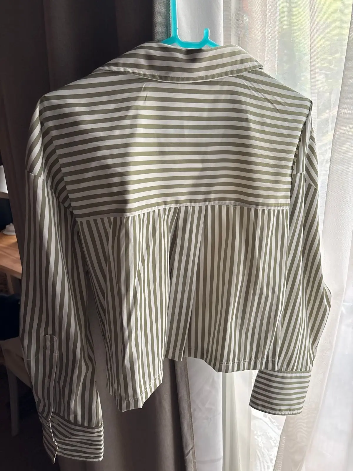 Zara Striped Long Sleeve Button-Up Shirt Olive and White XS