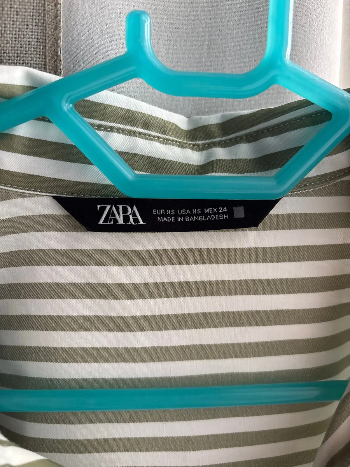 Zara Striped Long Sleeve Button-Up Shirt Olive and White XS