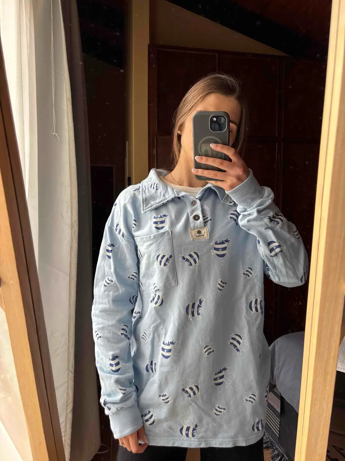 Local design Light Blue Bee Print Long Sleeve Polo Top