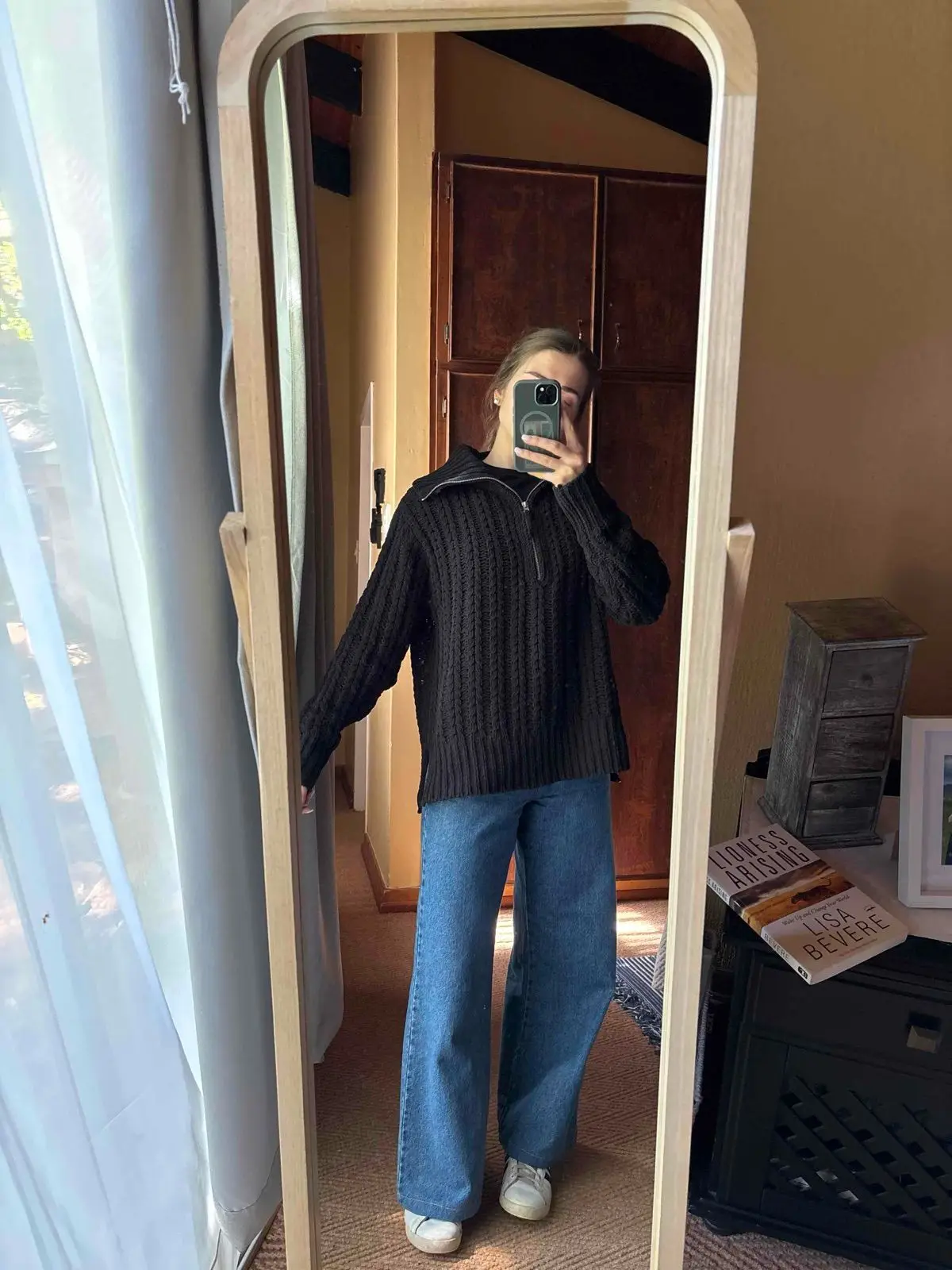 Black Knit Quarter Zip Sweater and Jeans Set