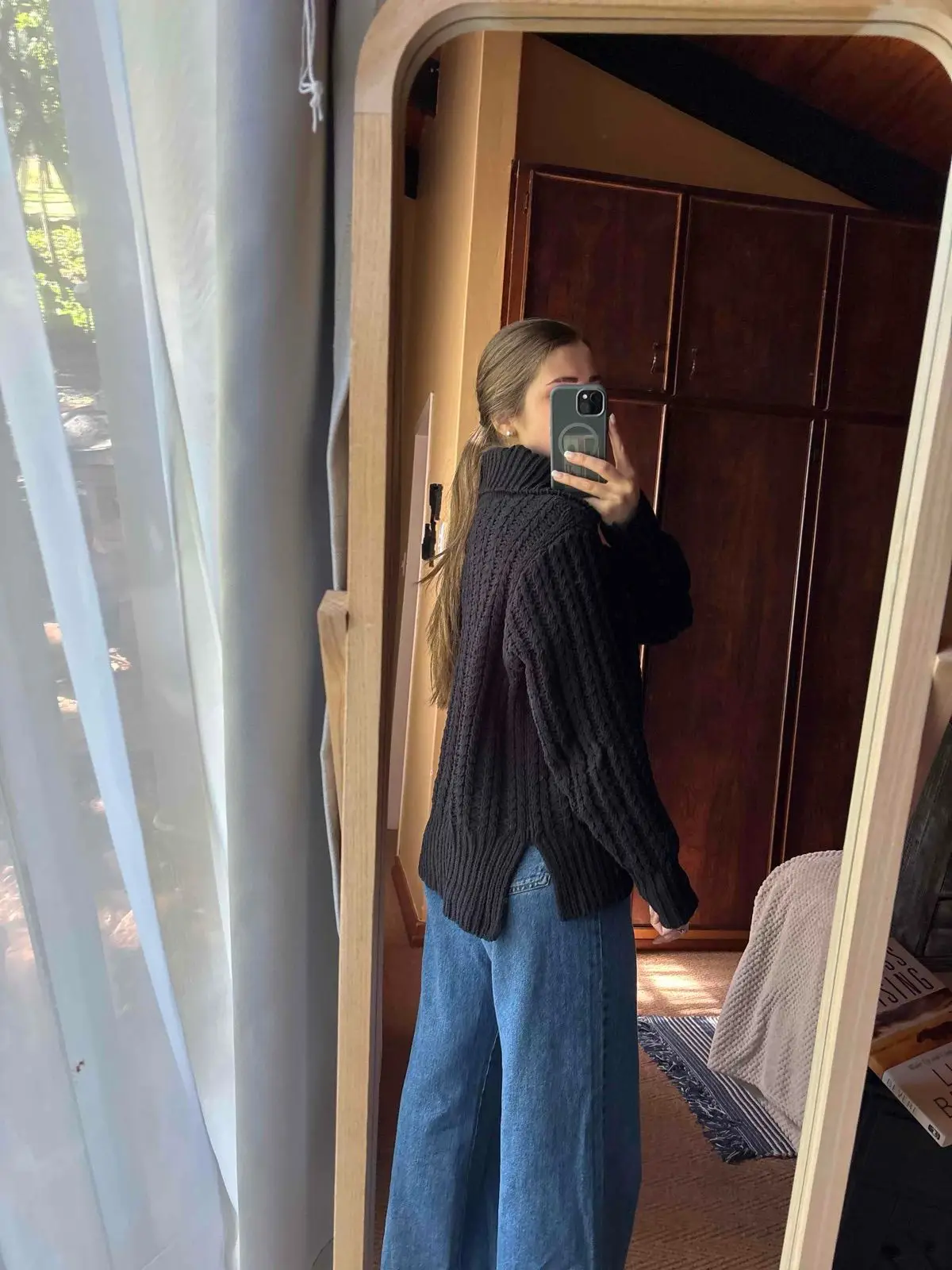 Black Knit Quarter Zip Sweater and Jeans Set