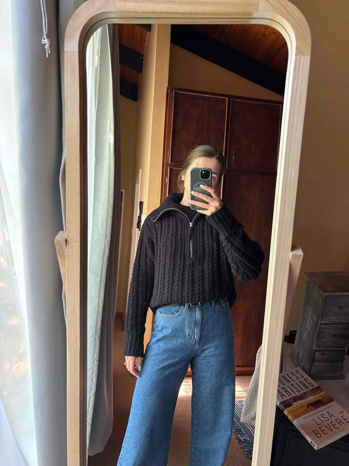 Black Knit Quarter Zip Sweater and Jeans Set