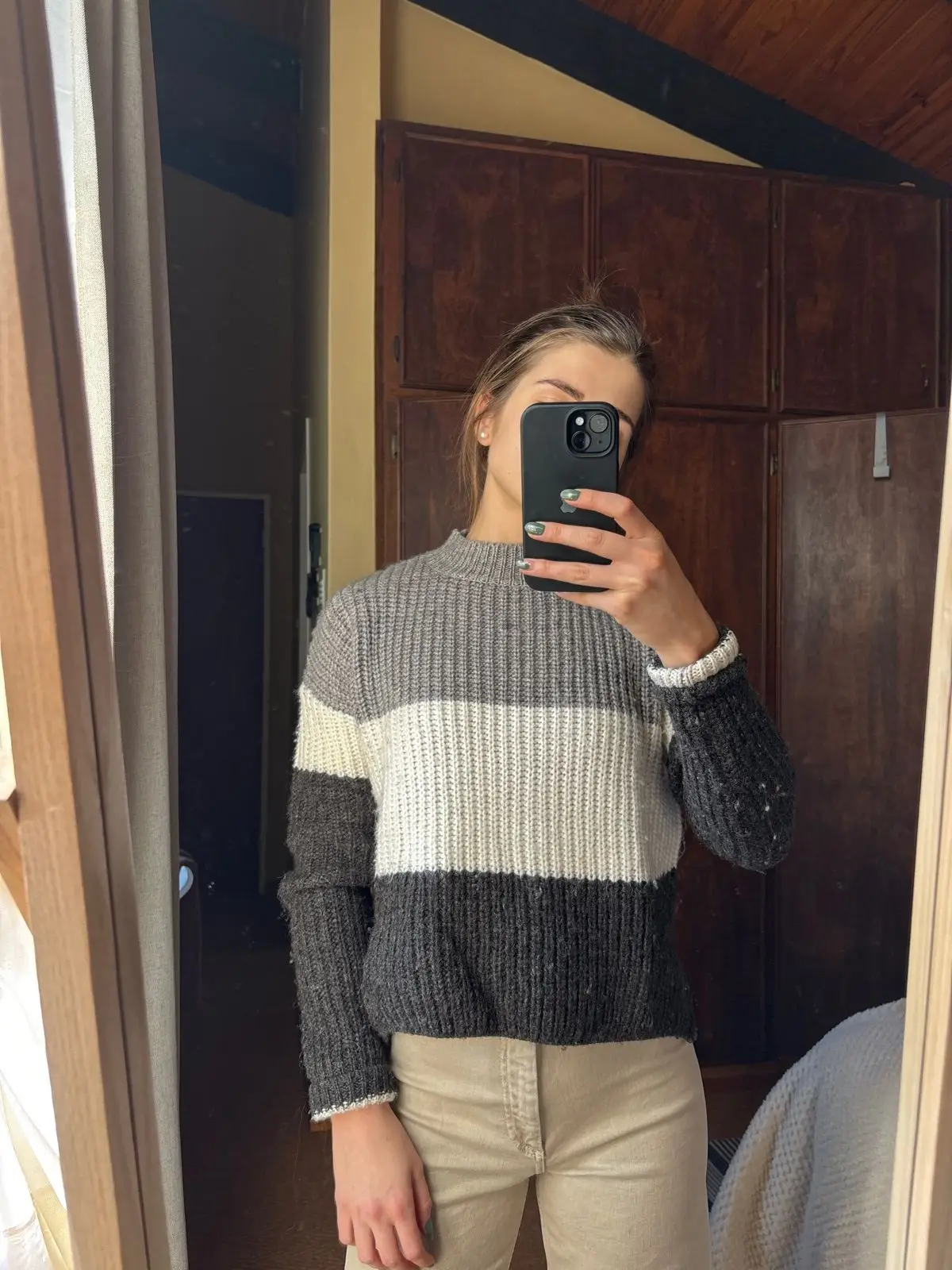 Grey and White Colorblock Ribbed Knit Sweater