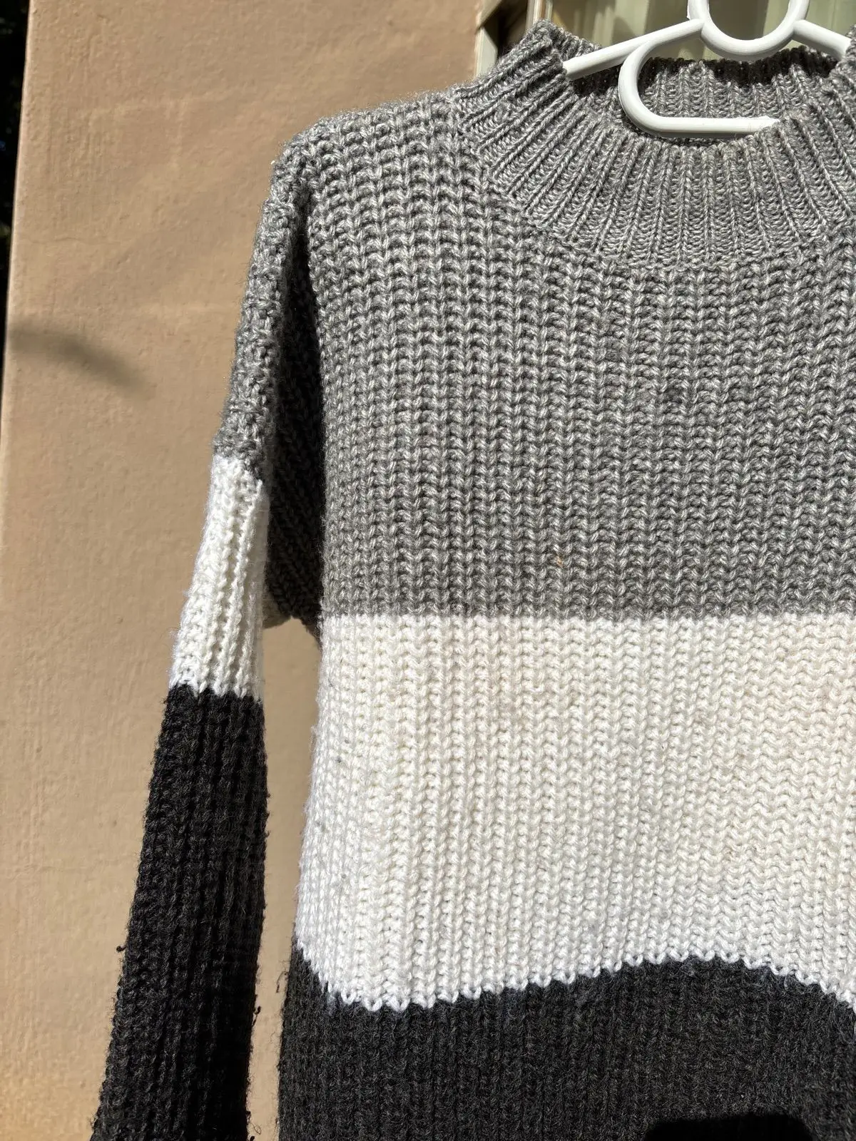 Grey and White Colorblock Ribbed Knit Sweater