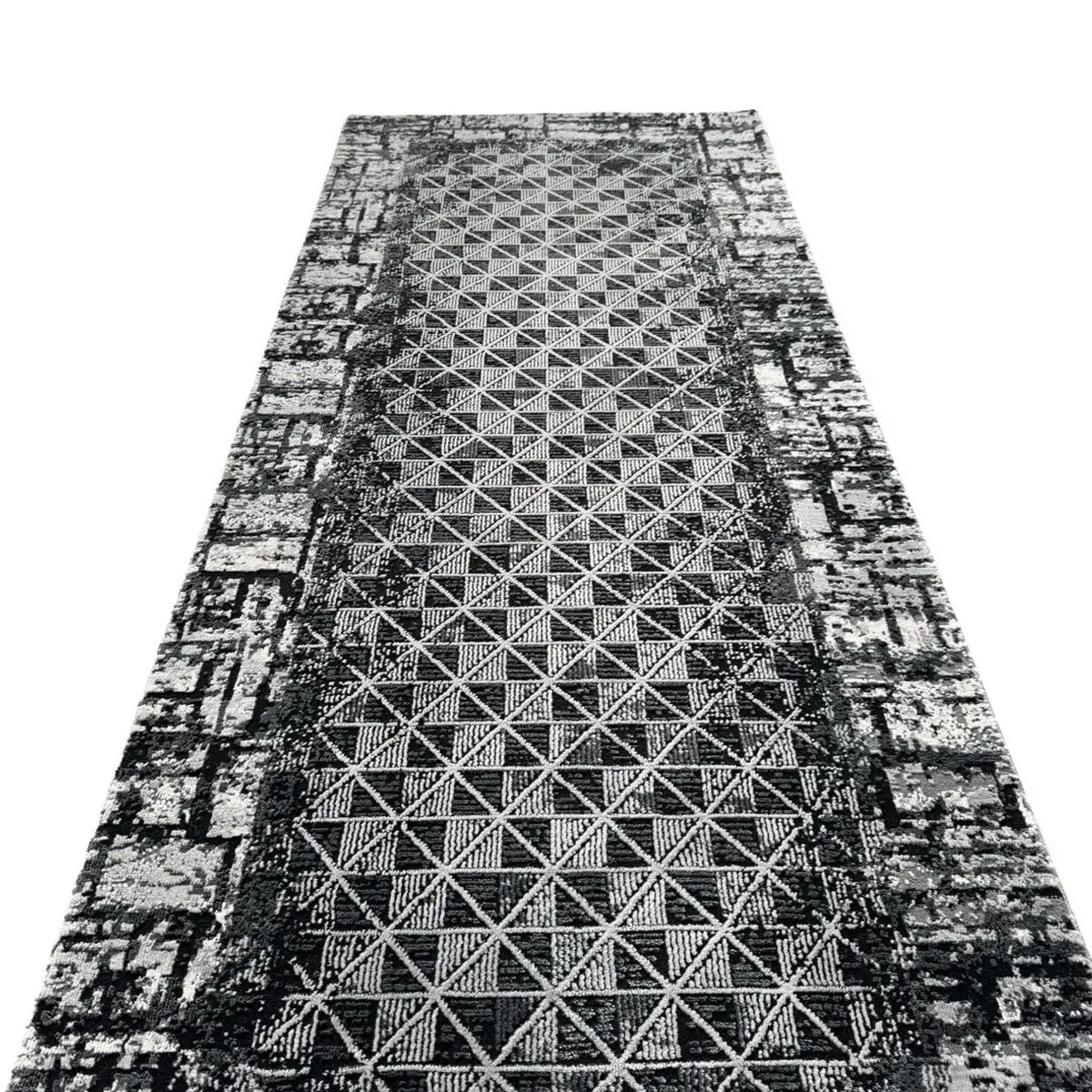 Black & Grey Geometric Grid Runner Rug 290 x 80 cm