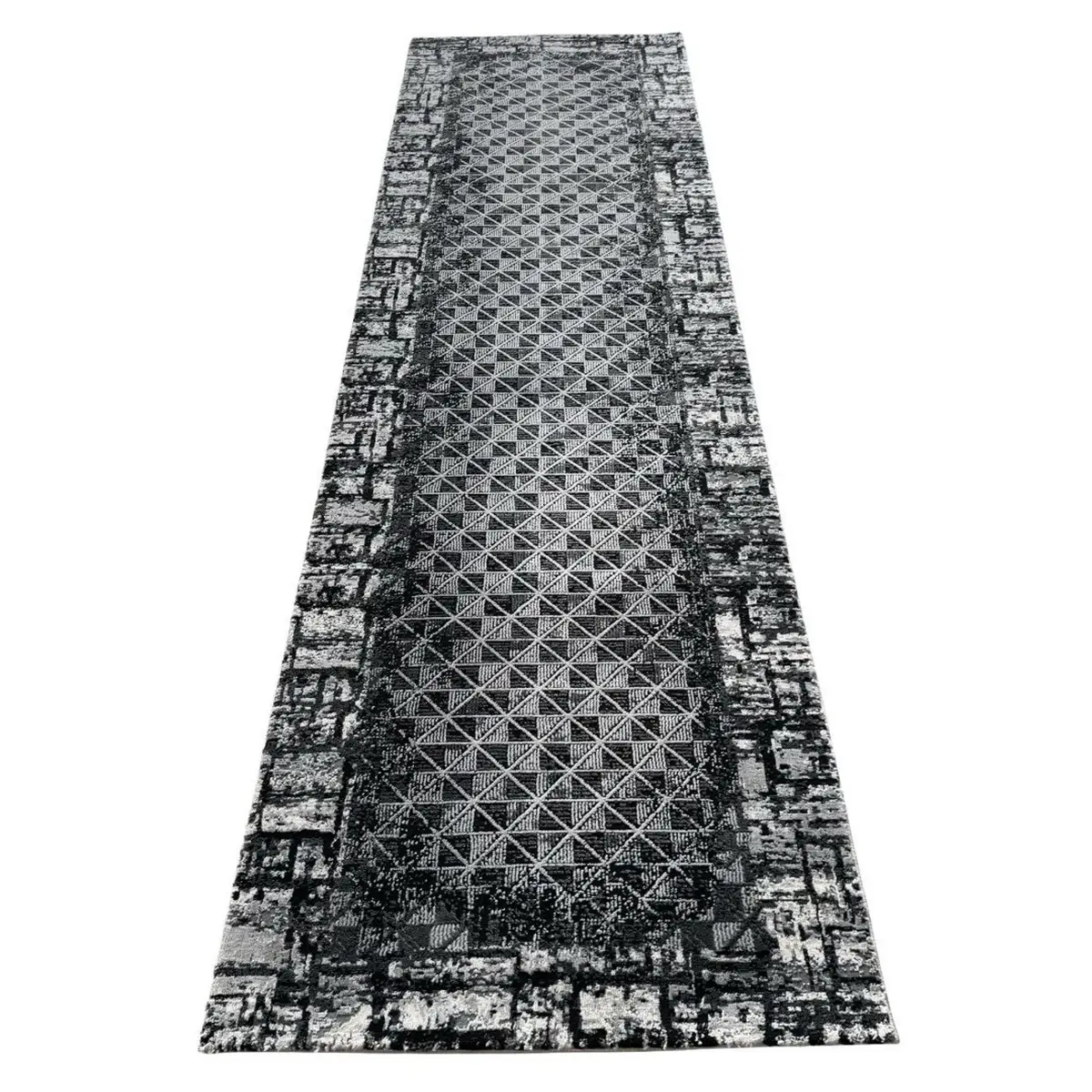 Black & Grey Geometric Grid Runner Rug 290 x 80 cm