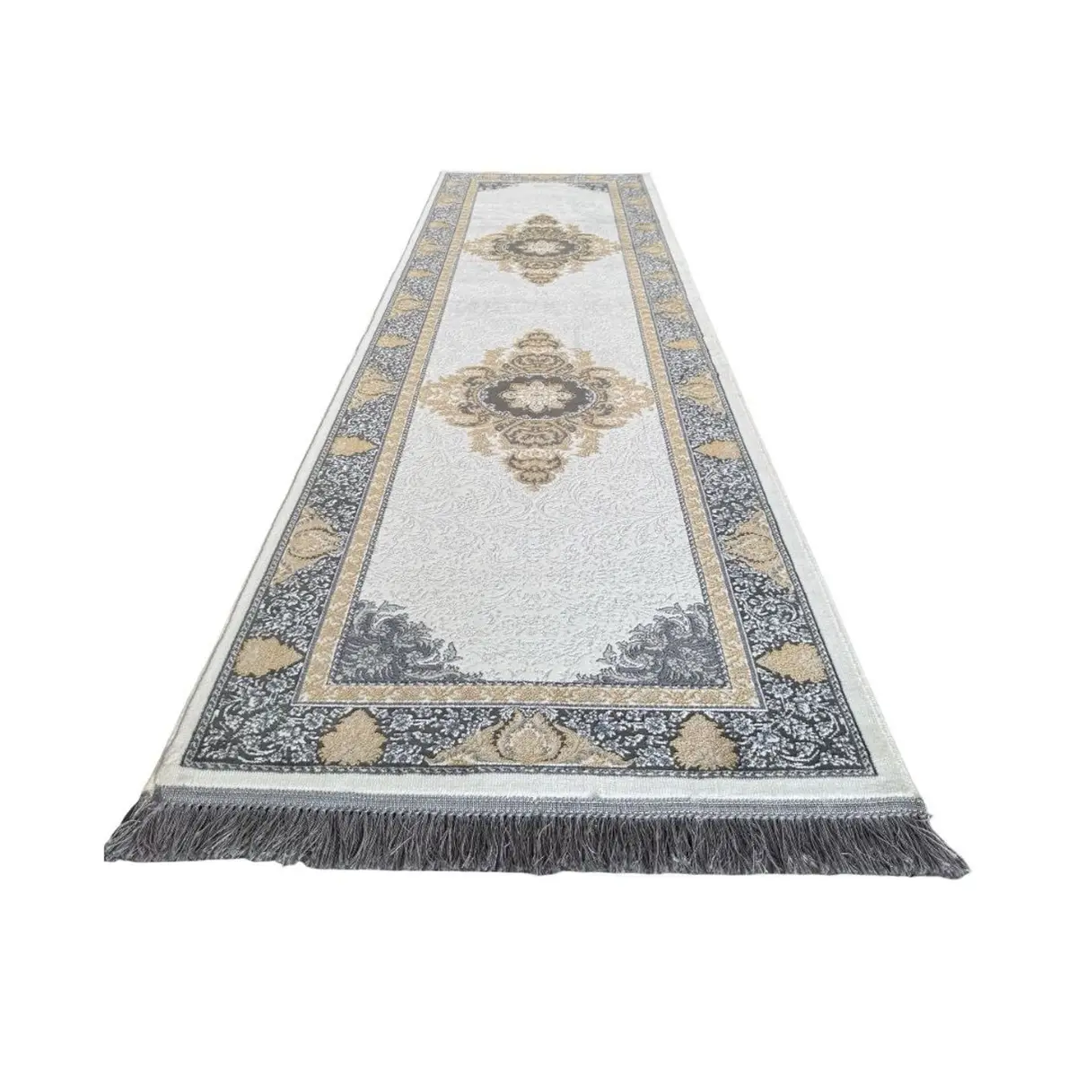 Ivory Grey Gold Ornate Medallion Runner Rug 270 x 80 cm