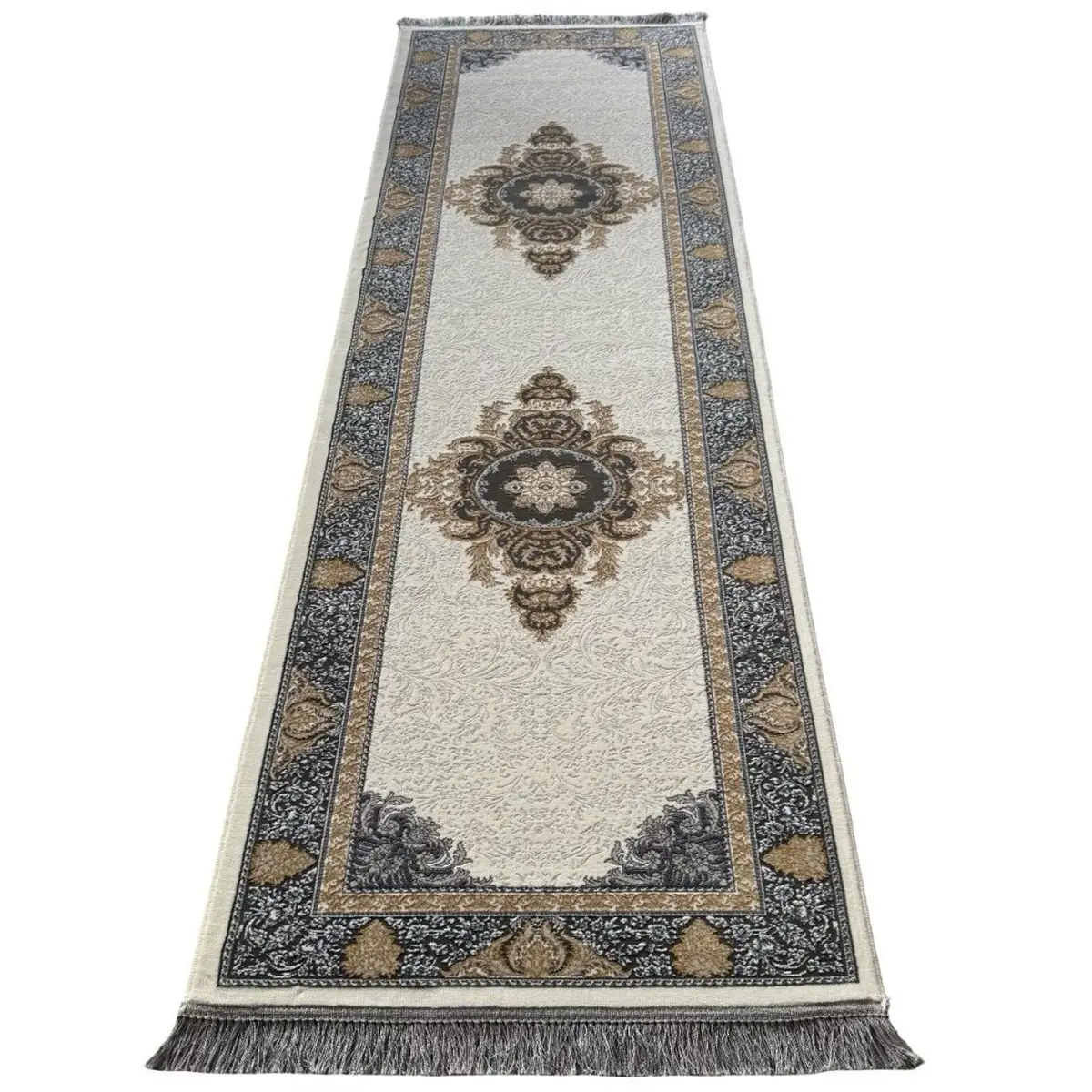 Ivory Grey Gold Ornate Medallion Runner Rug 270 x 80 cm