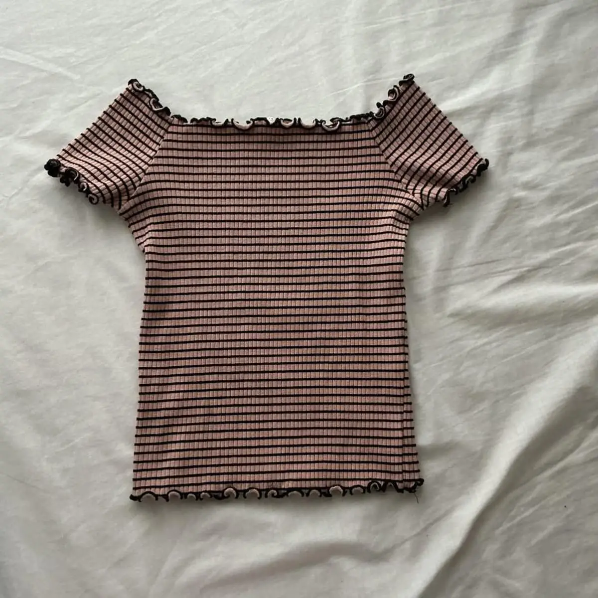 Zara Pink and black striped off shoulder top