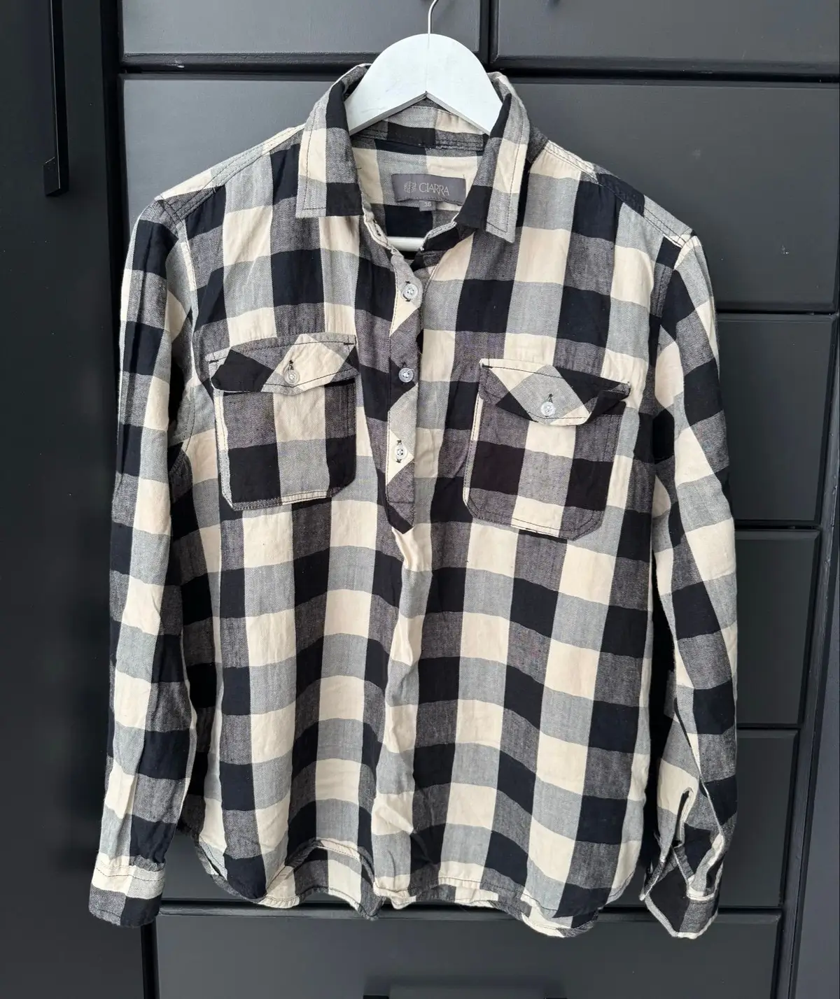 Ciarra Black & Cream Check Flannel Popover Shirt Size 36