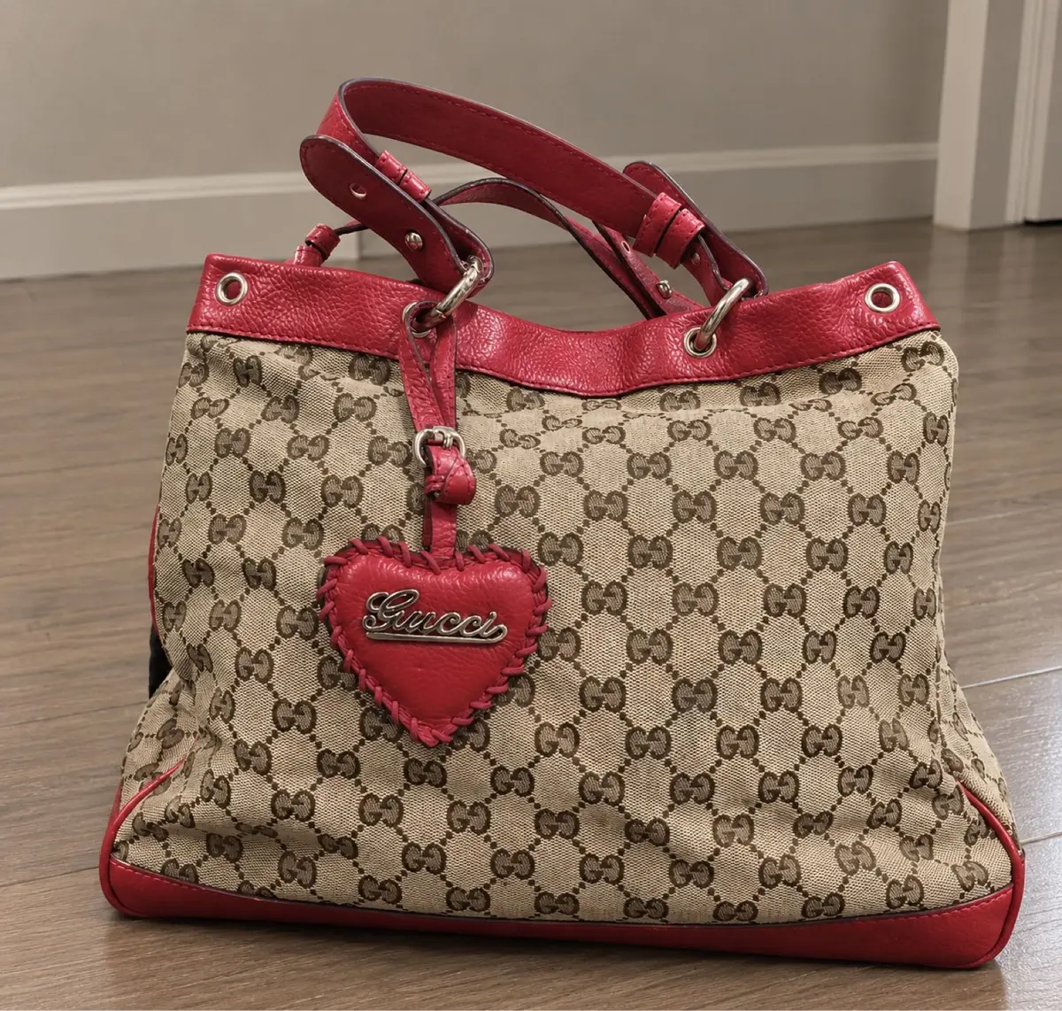 Gucci Monogram Canvas Tote Bag with Red Trim