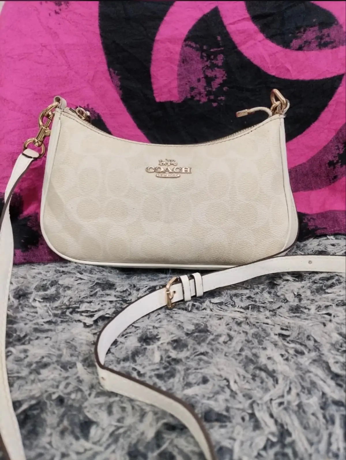 Coach White Monogram Shoulder Bag with Strap Detail
