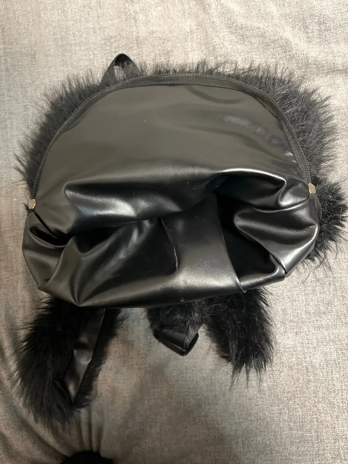 Black Fuzzy Backpack with Strap Detail