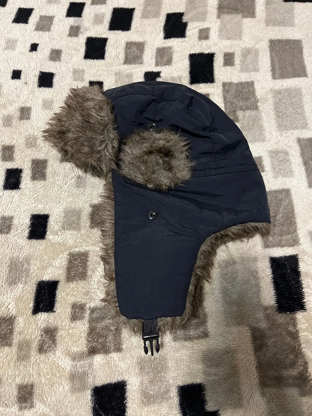 Black Trapper Hat with Faux Fur Trim