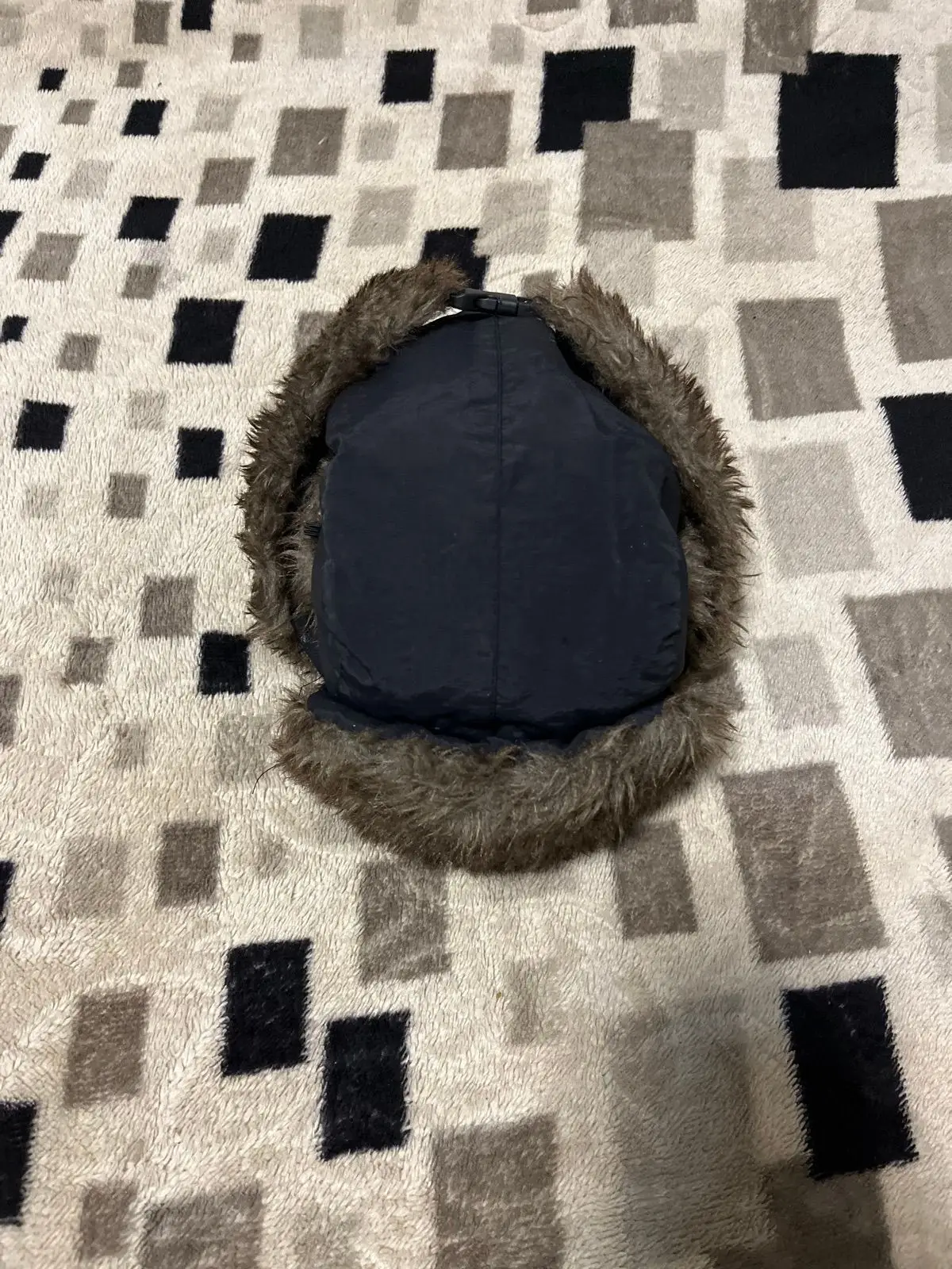 Black Trapper Hat with Faux Fur Trim