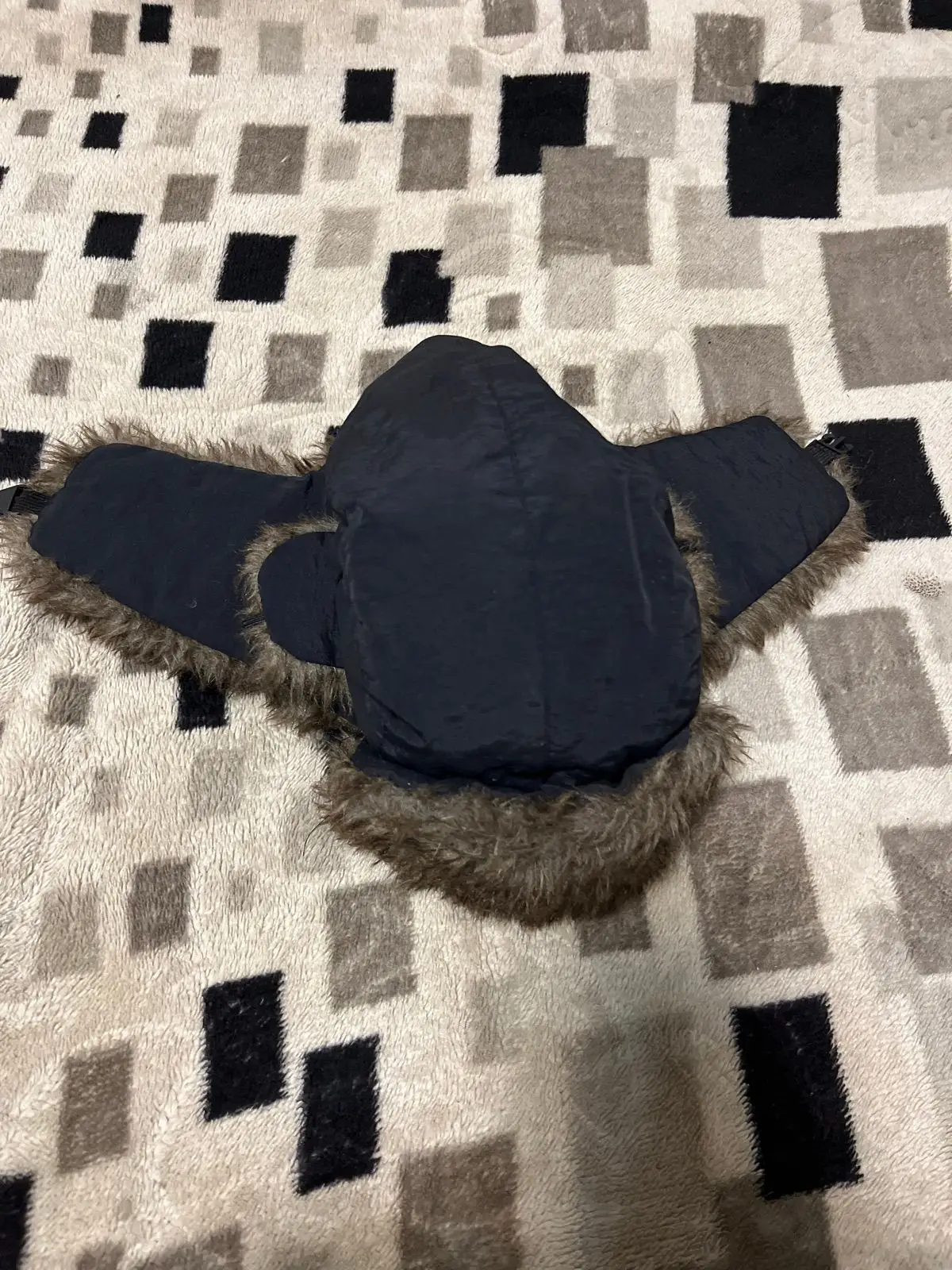 Black Trapper Hat with Faux Fur Trim