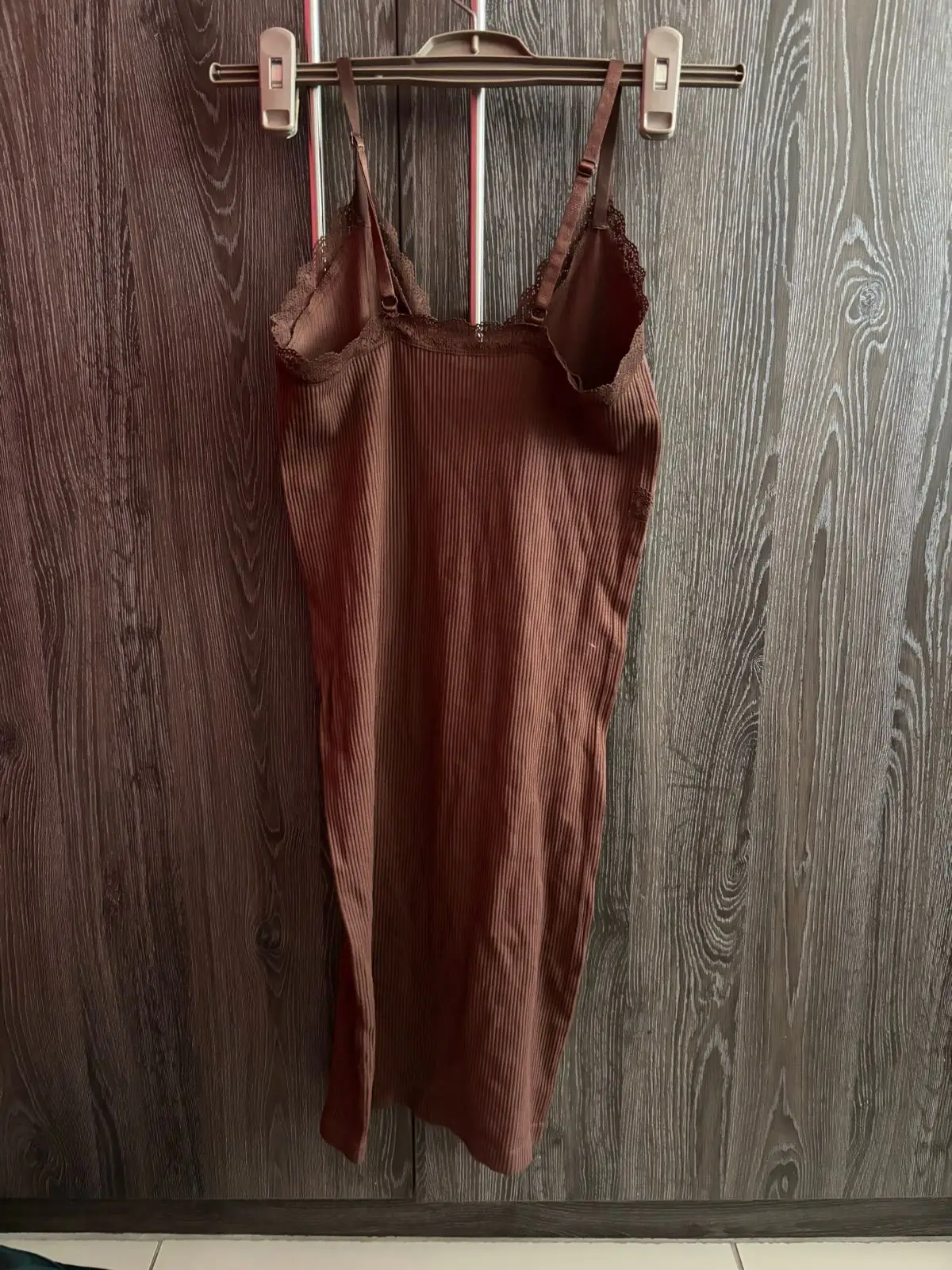 Brown Ribbed Lace-Trim Cami Top