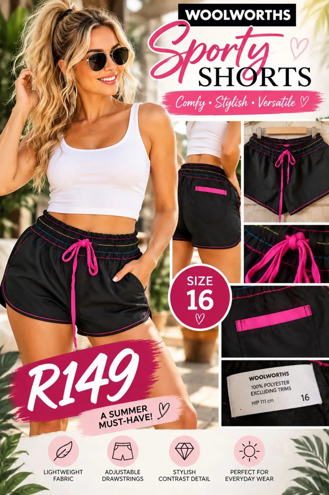 Woolworths Black Sporty Shorts Size 16
