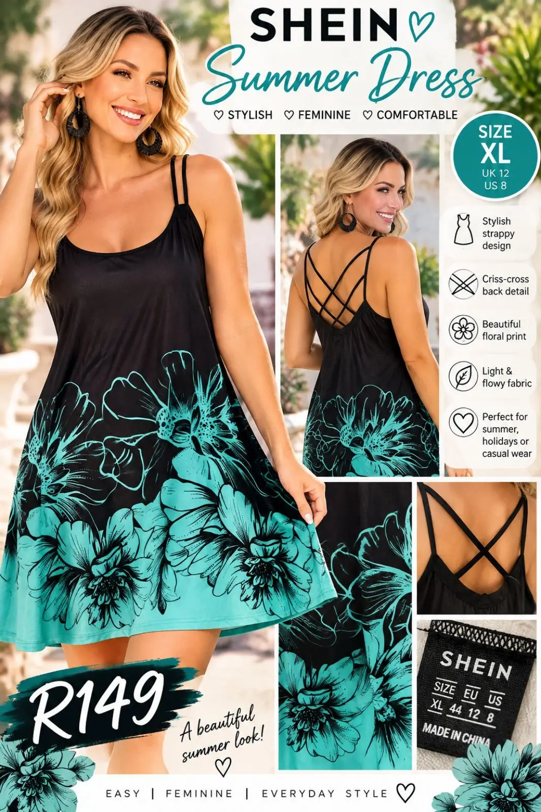 Shein Black and Turquoise Floral Strappy Dress