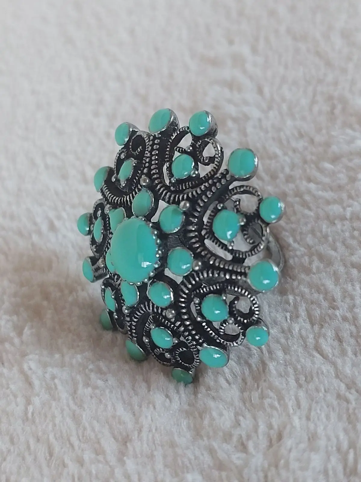 Ornate Silver-Tone Turquiose-Look Ring