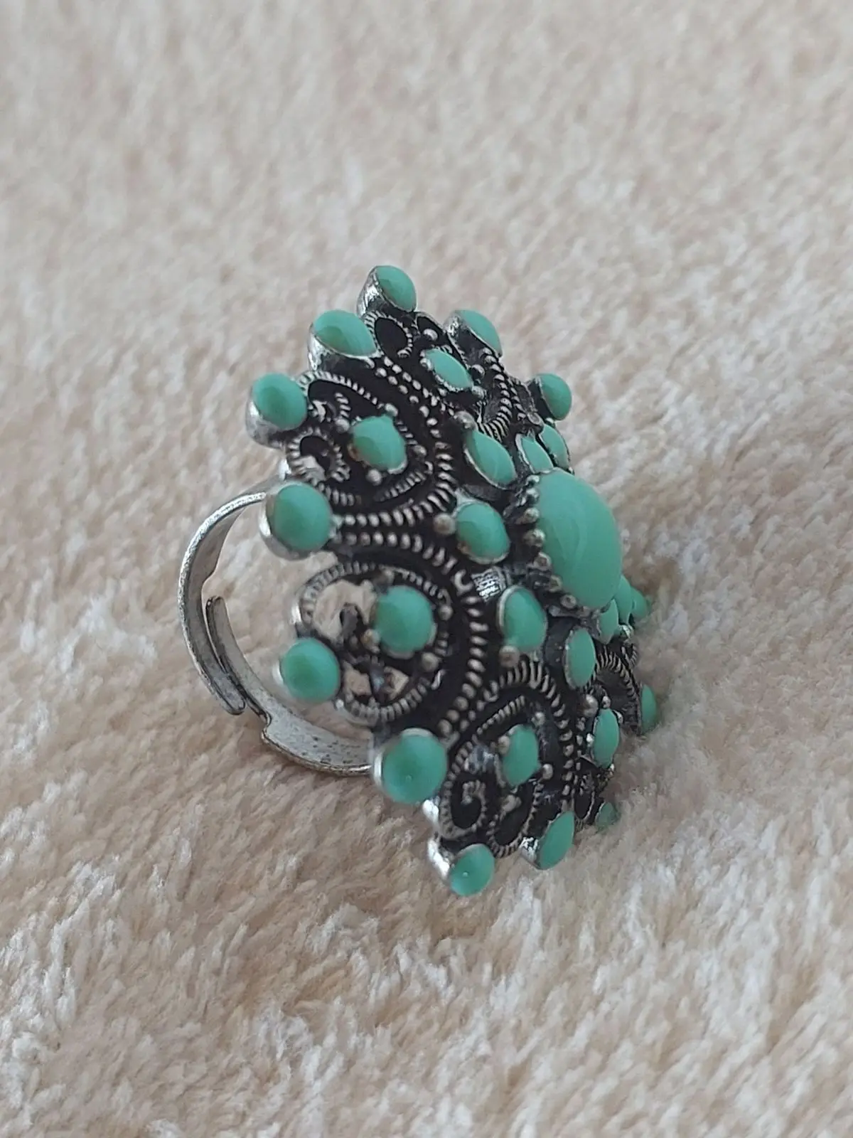 Ornate Silver-Tone Turquiose-Look Ring