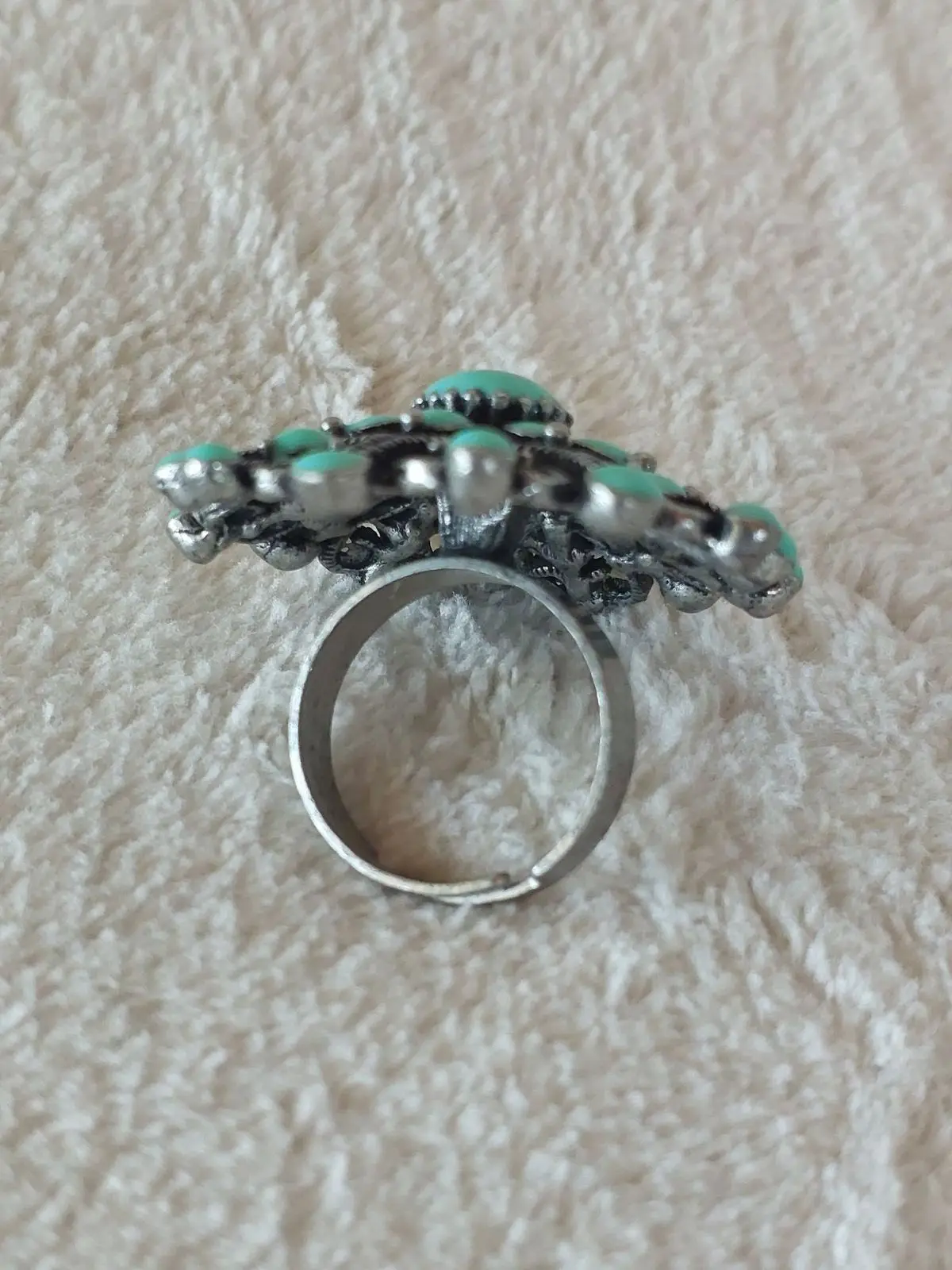 Ornate Silver-Tone Turquiose-Look Ring