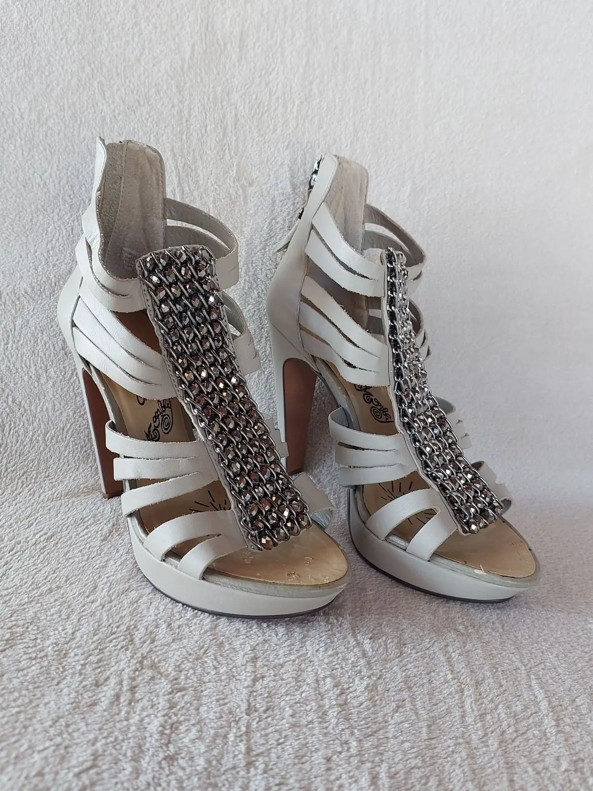 White High Heel Sandals with Embellished Chain Detail