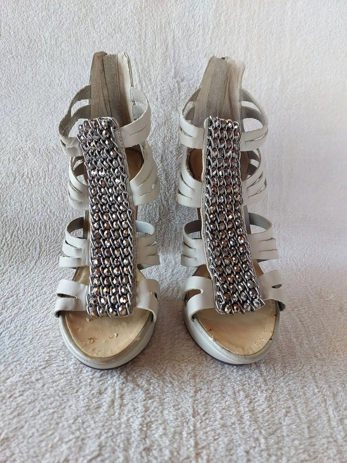 White High Heel Sandals with Embellished Chain Detail