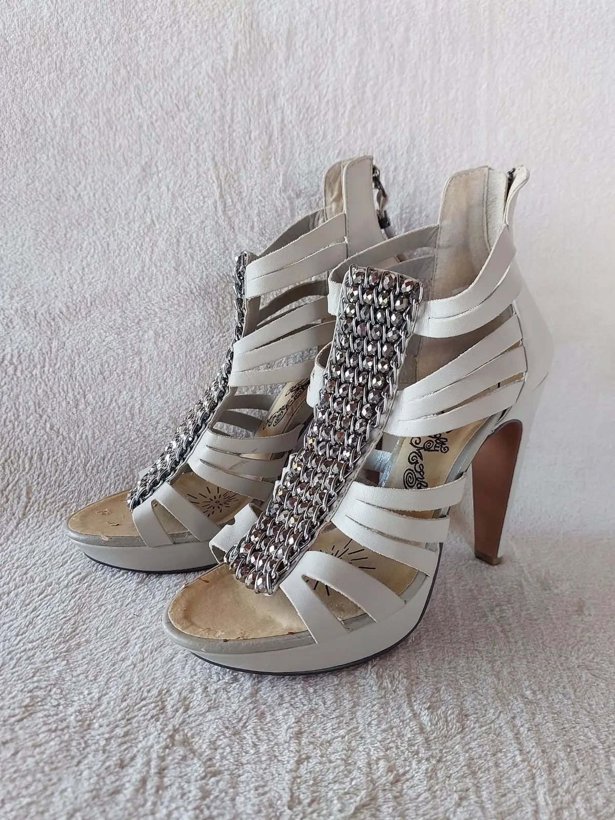 White High Heel Sandals with Embellished Chain Detail