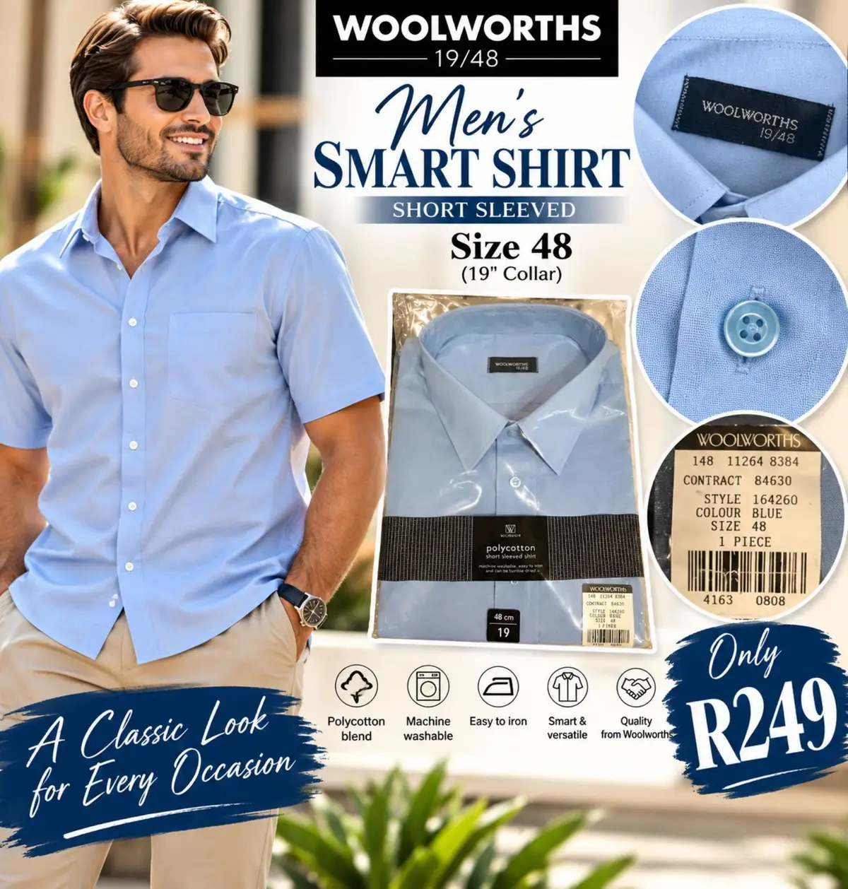 Woolworths Men's Blue Short-Sleeved Smart Shirt Size 48