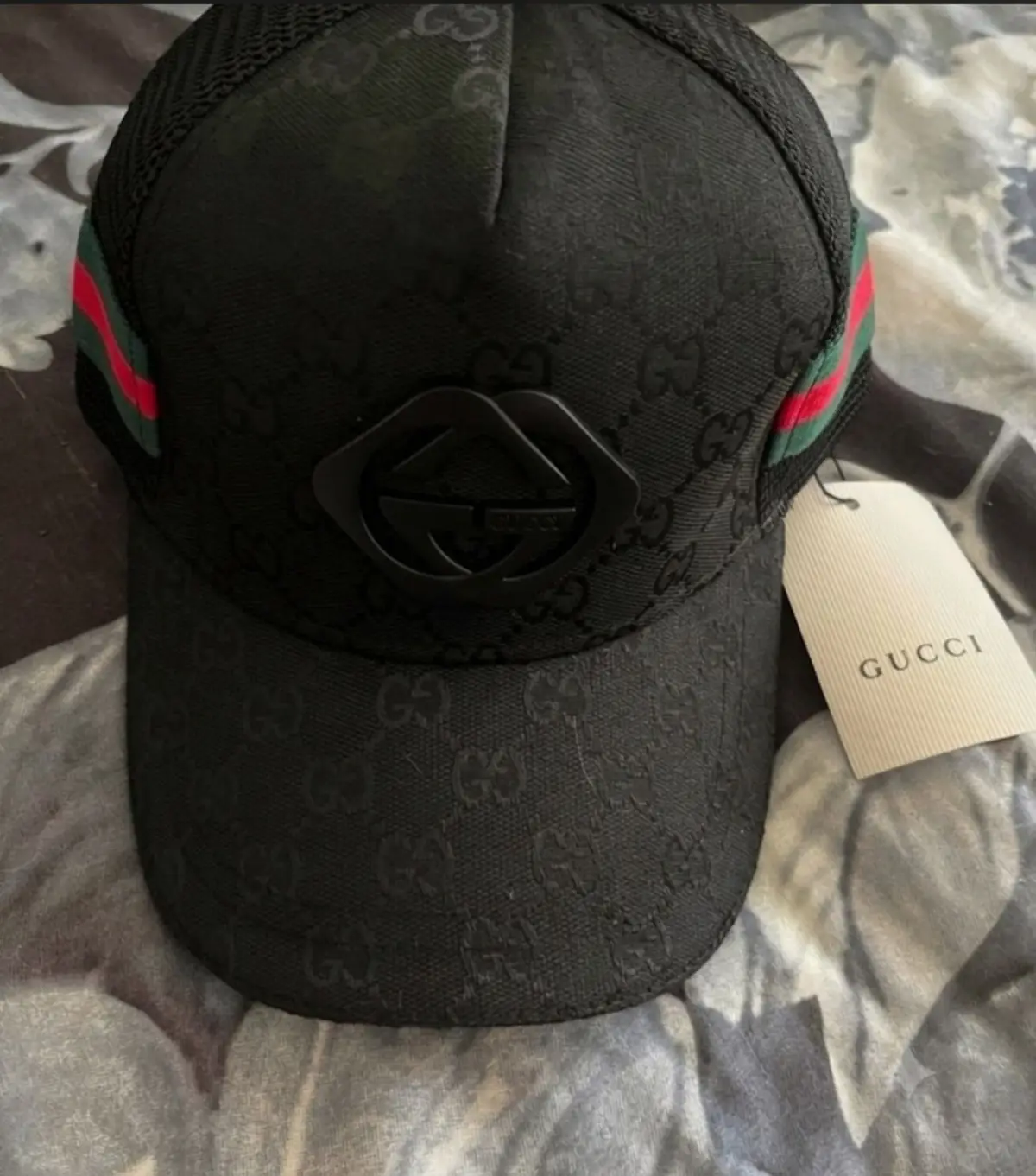 Gucci Black Monogram Cap with Tag