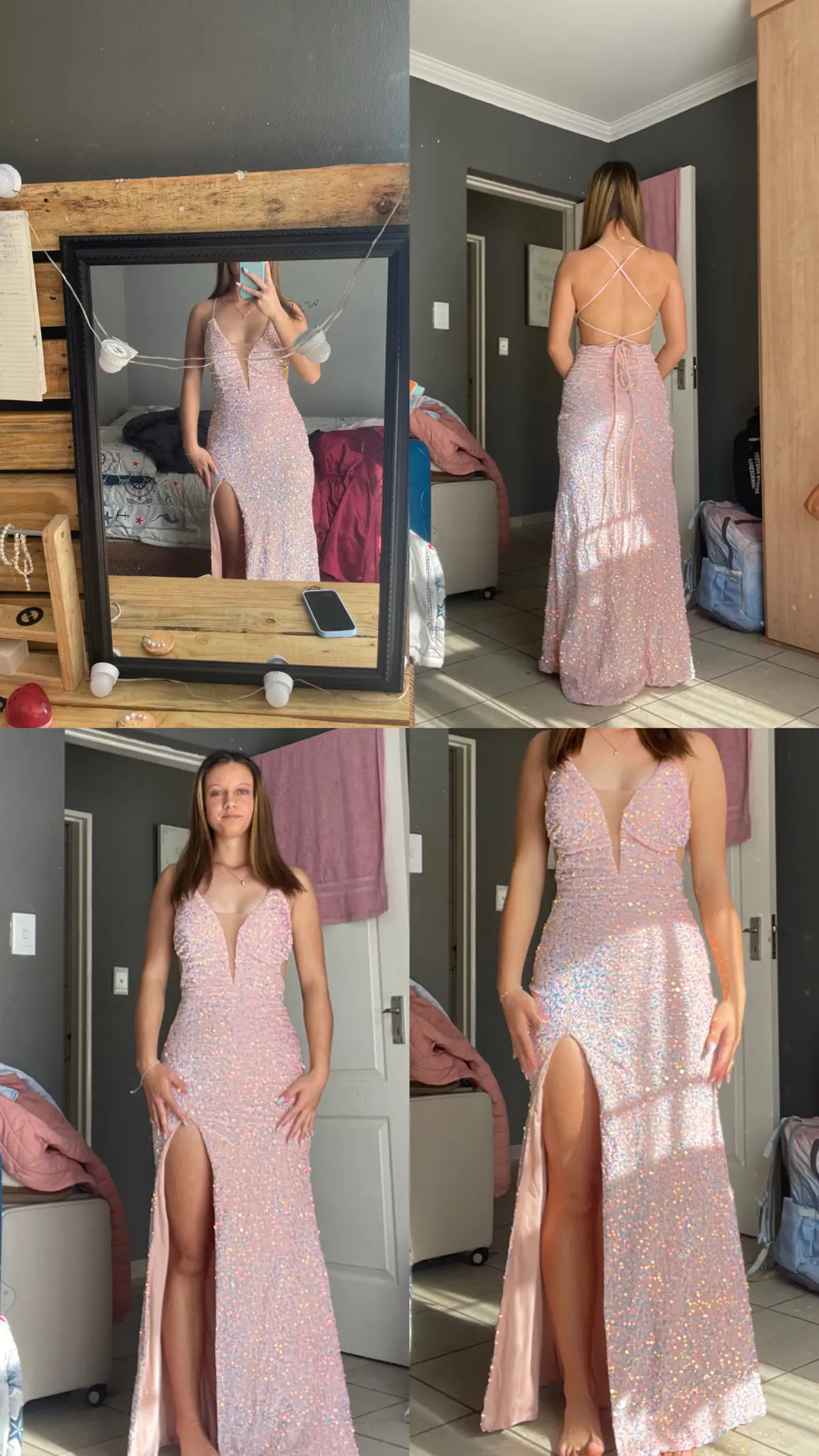 Pink Iridescent Sequin Formal Evening Gown