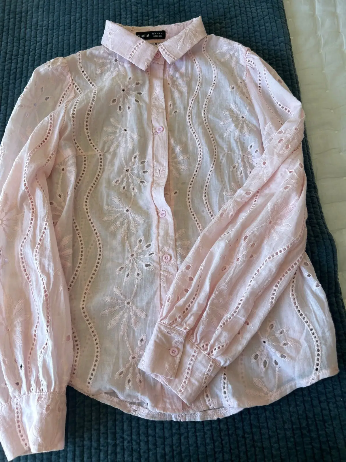 SHEIN Pink Eyelet Button-Up Shirt
