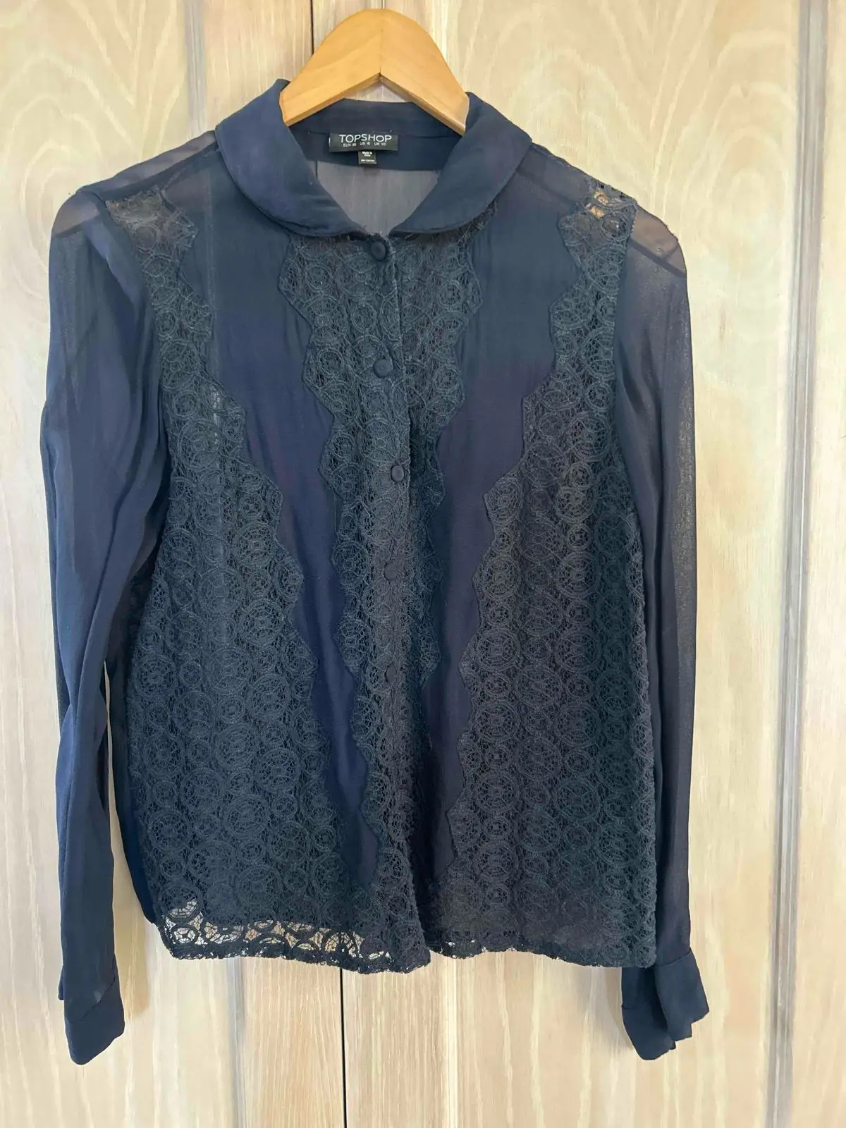 Topshop Navy Blue Sheer Long Sleeve Lace Panel Blouse