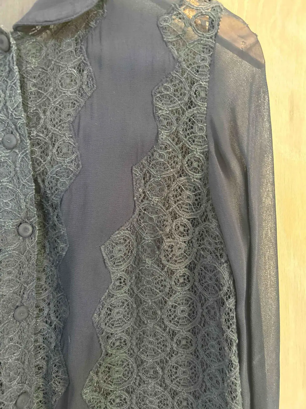 Topshop Navy Blue Sheer Long Sleeve Lace Panel Blouse