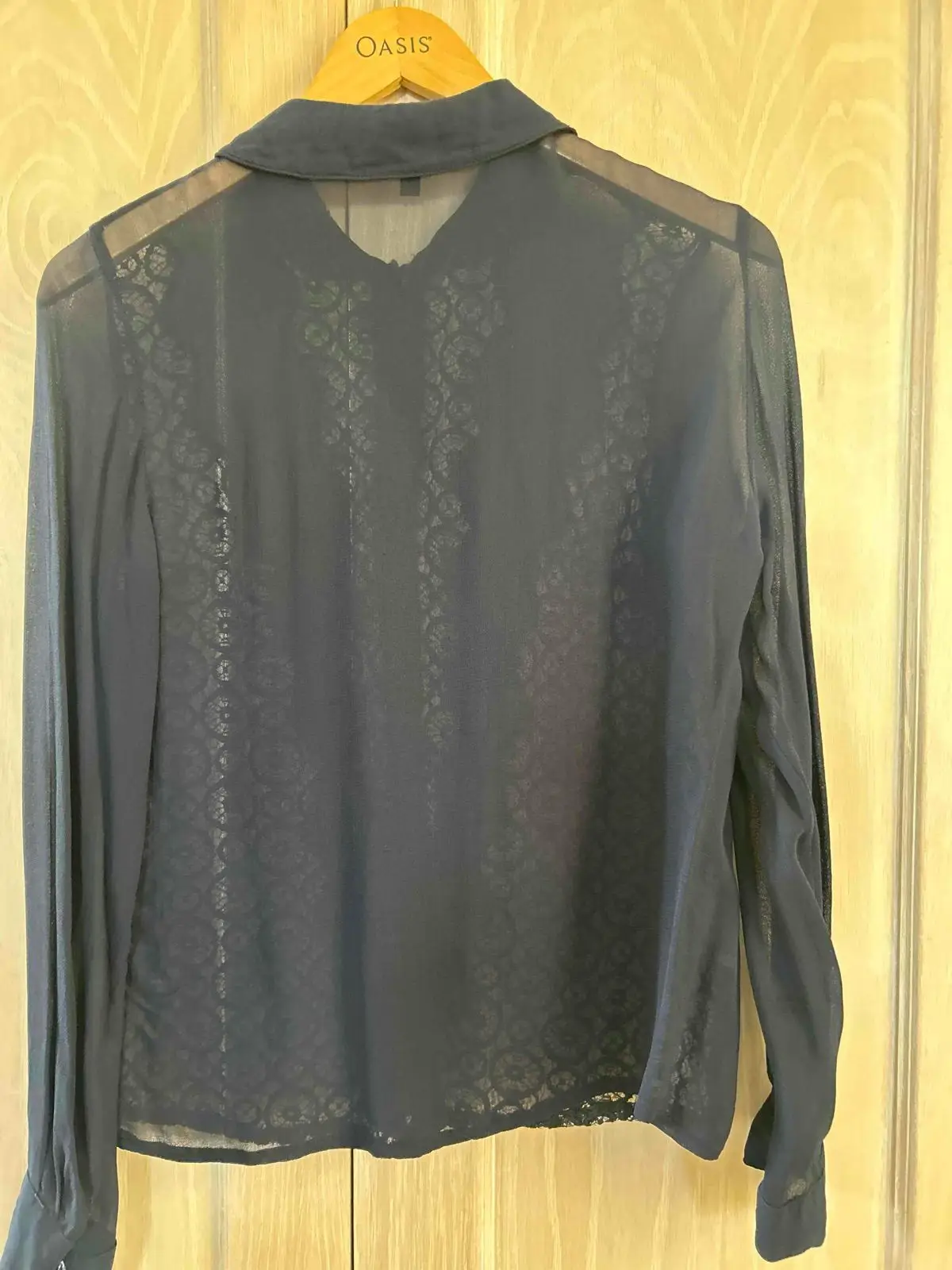 Topshop Navy Blue Sheer Long Sleeve Lace Panel Blouse
