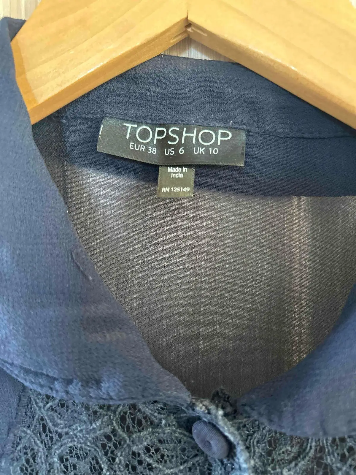 Topshop Navy Blue Sheer Long Sleeve Lace Panel Blouse