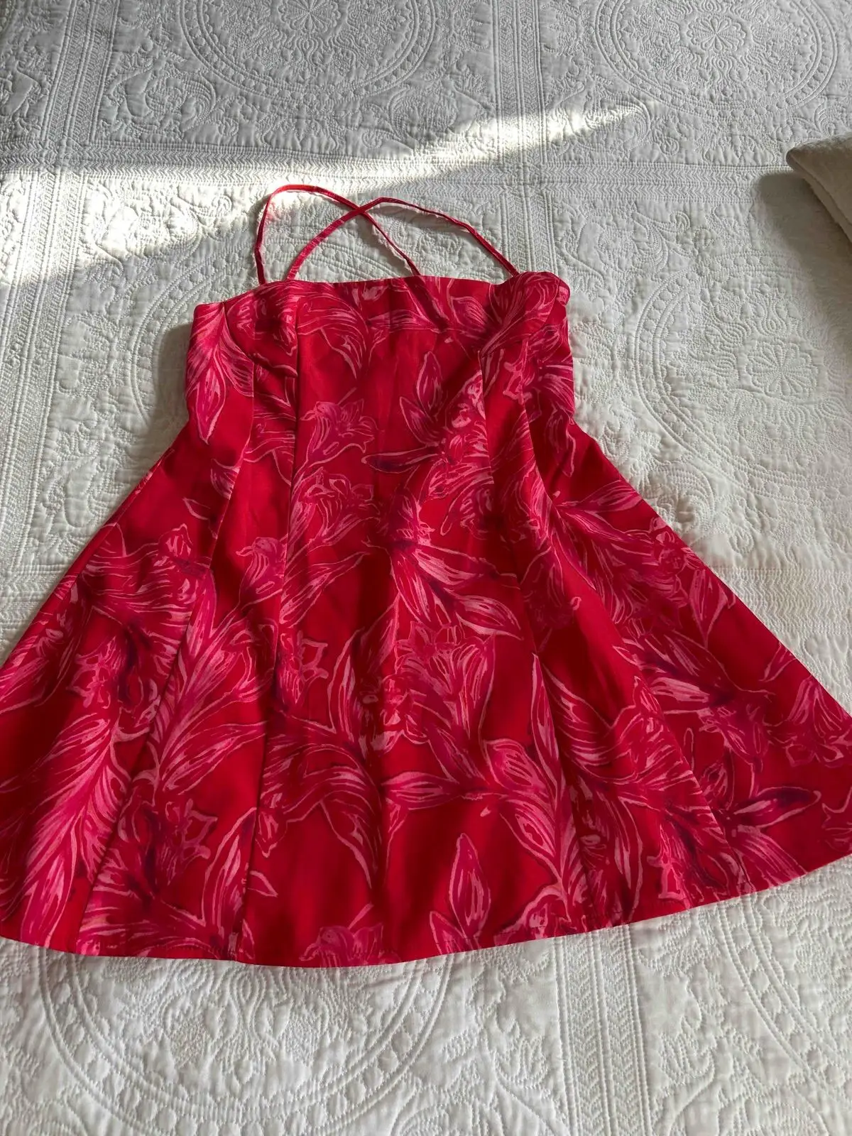 Red Floral Print Dress with Strap Detail