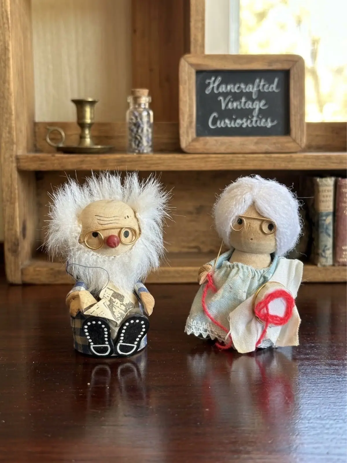 Vintage Handcrafted Wooden Grandparent Dolls Pair